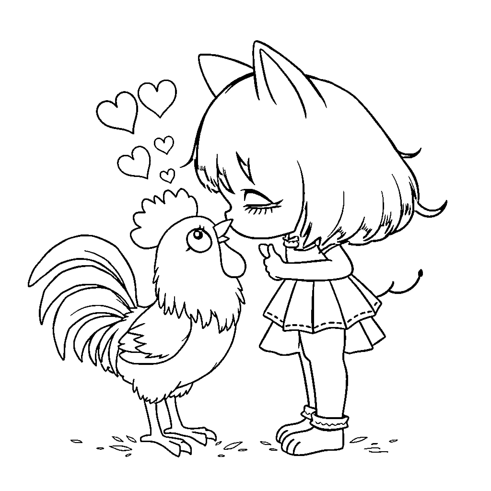 Cat hugging a rooster with hearts Coloring Page (free black-and-white line drawing printable PDF for all, from beginners to advanced learners, including children, teens, adults, and seniors)