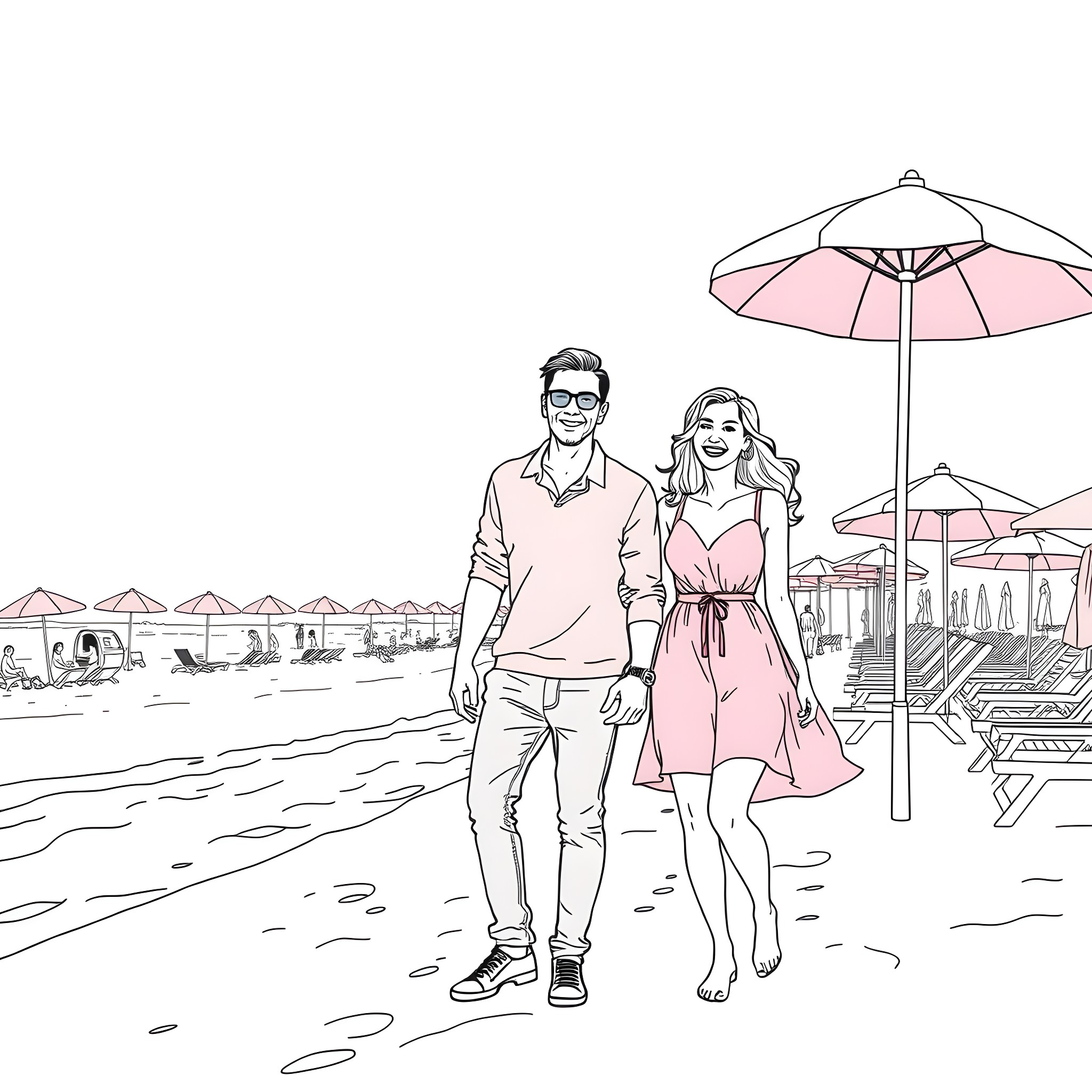 Engaged Couple Strolling on Beach with Umbrellas Coloring Page (free black-and-white line drawing printable PDF for all, from beginners to advanced learners, including children, teens, adults, and seniors)