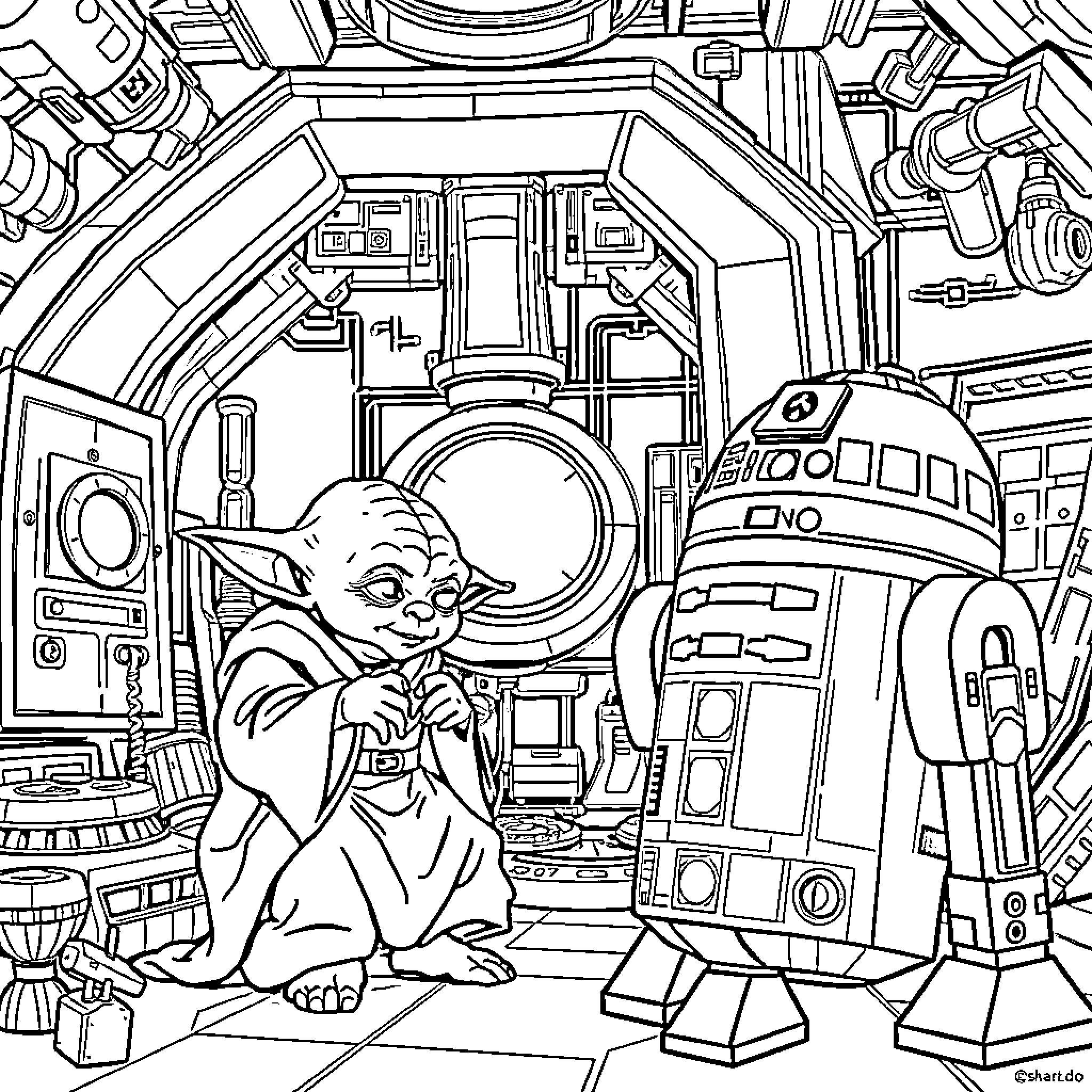 Yoda surrounded by futuristic droids and technology Coloring Page (free black-and-white line drawing printable PDF for all, from beginners to advanced learners, including children, teens, adults, and seniors)
