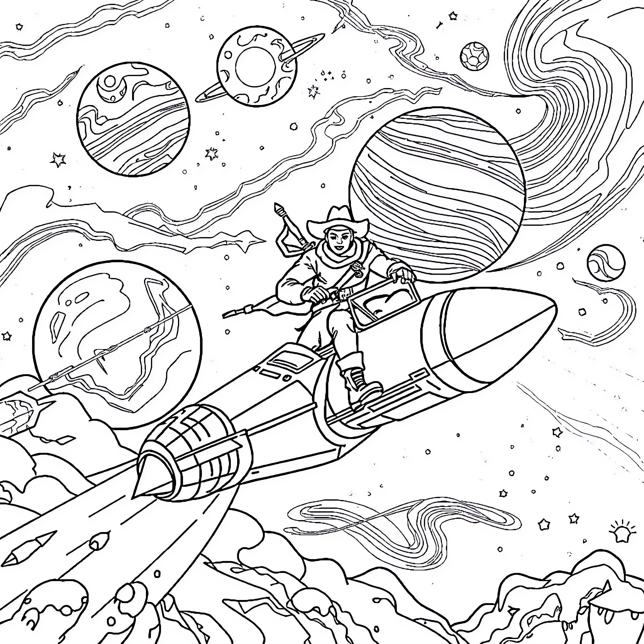 Cowboy astronaut riding rocket through cosmic landscape Coloring Page (free black-and-white line drawing printable PDF for all, from beginners to advanced learners, including children, teens, adults, and seniors)