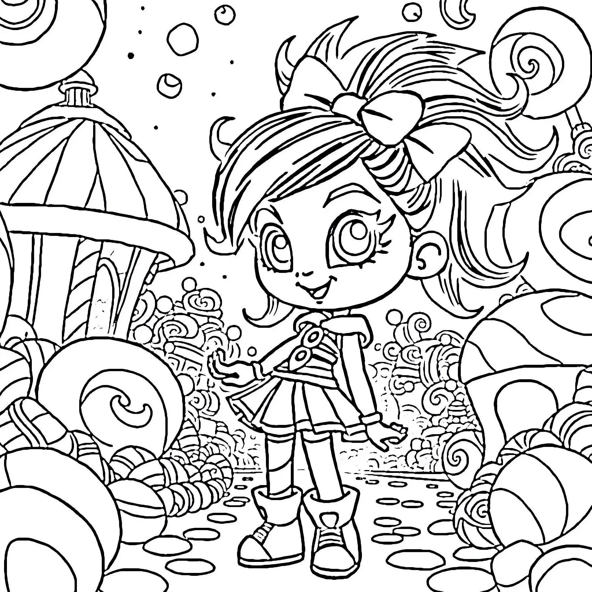 Vanellope's Whimsical Adventure in a Fantastical World Coloring Page (free black-and-white line drawing printable PDF for all, from beginners to advanced learners, including children, teens, adults, and seniors)
