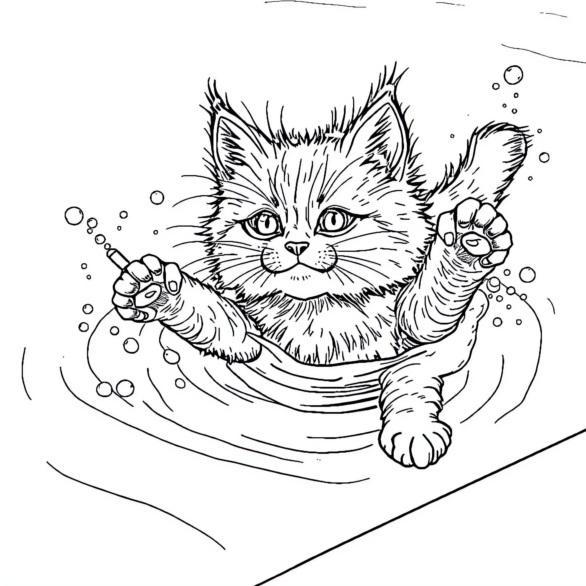 Cat playing in the bath tub Coloring Page (free black-and-white line drawing printable PDF for all, from beginners to advanced learners, including children, teens, adults, and seniors)