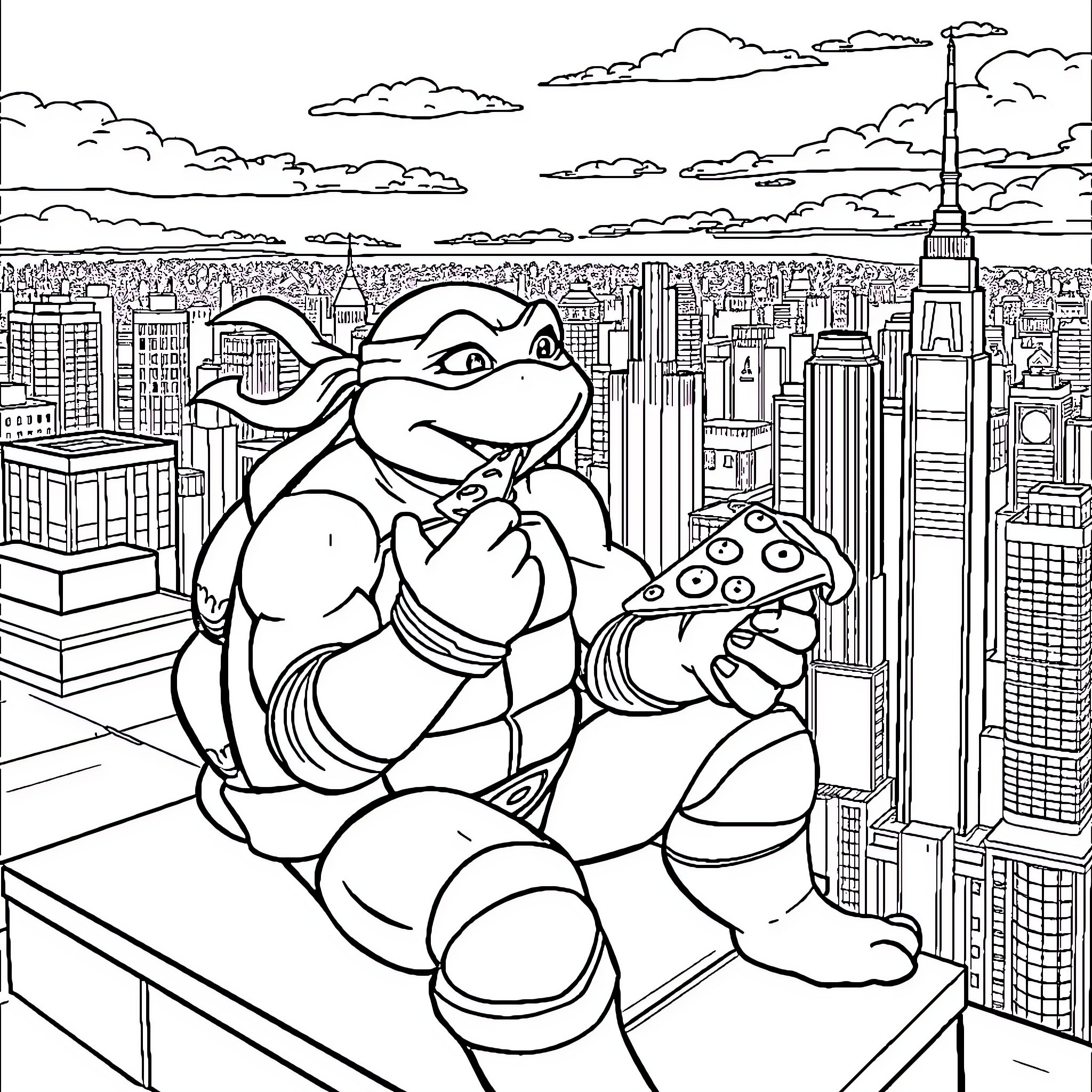Leonardo the Ninja Turtle Enjoys the City View Coloring Page (free black-and-white line drawing printable PDF for all, from beginners to advanced learners, including children, teens, adults, and seniors)
