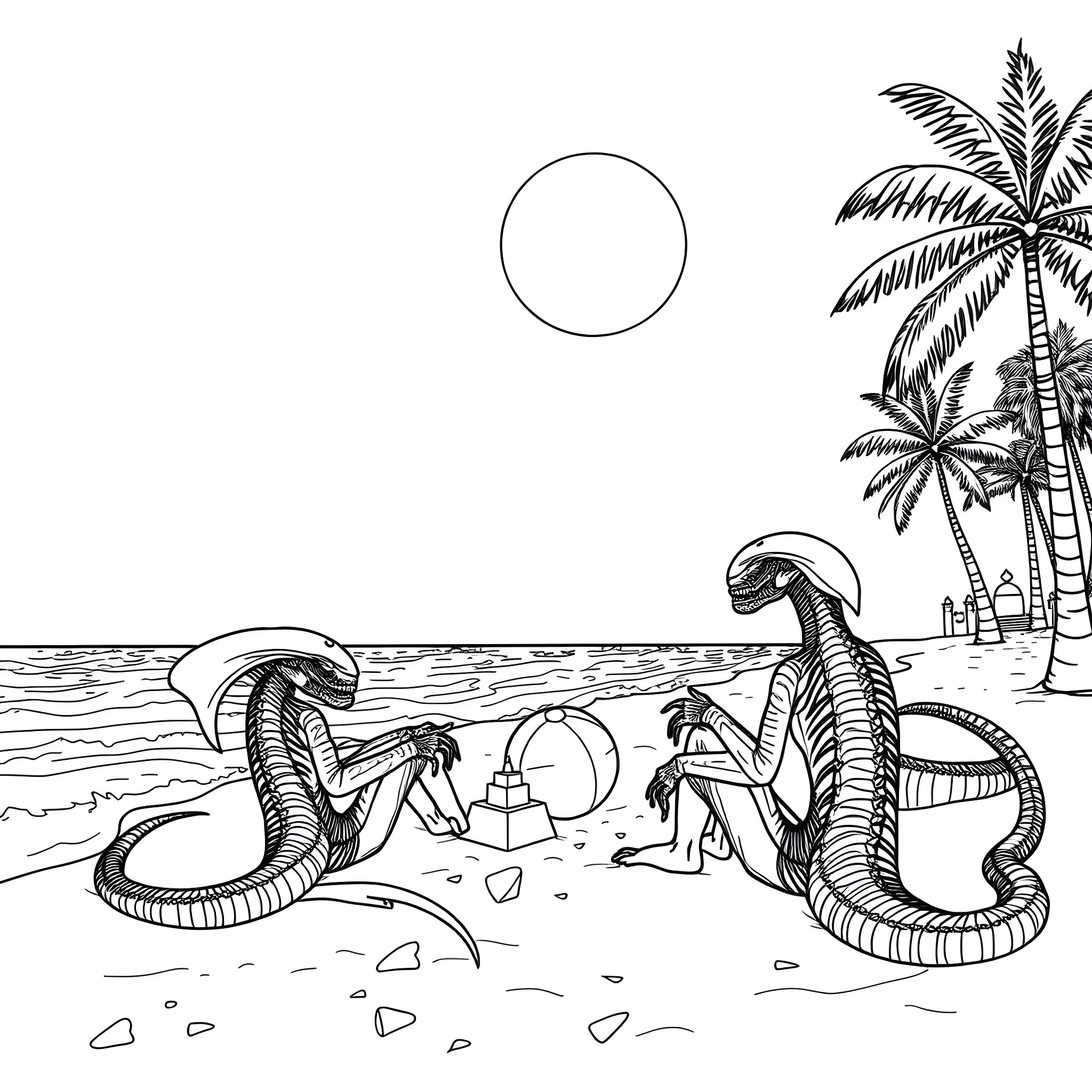 Xenomorph creatures relaxing on the beach Coloring Page (free black-and-white line drawing printable PDF for all, from beginners to advanced learners, including children, teens, adults, and seniors)
