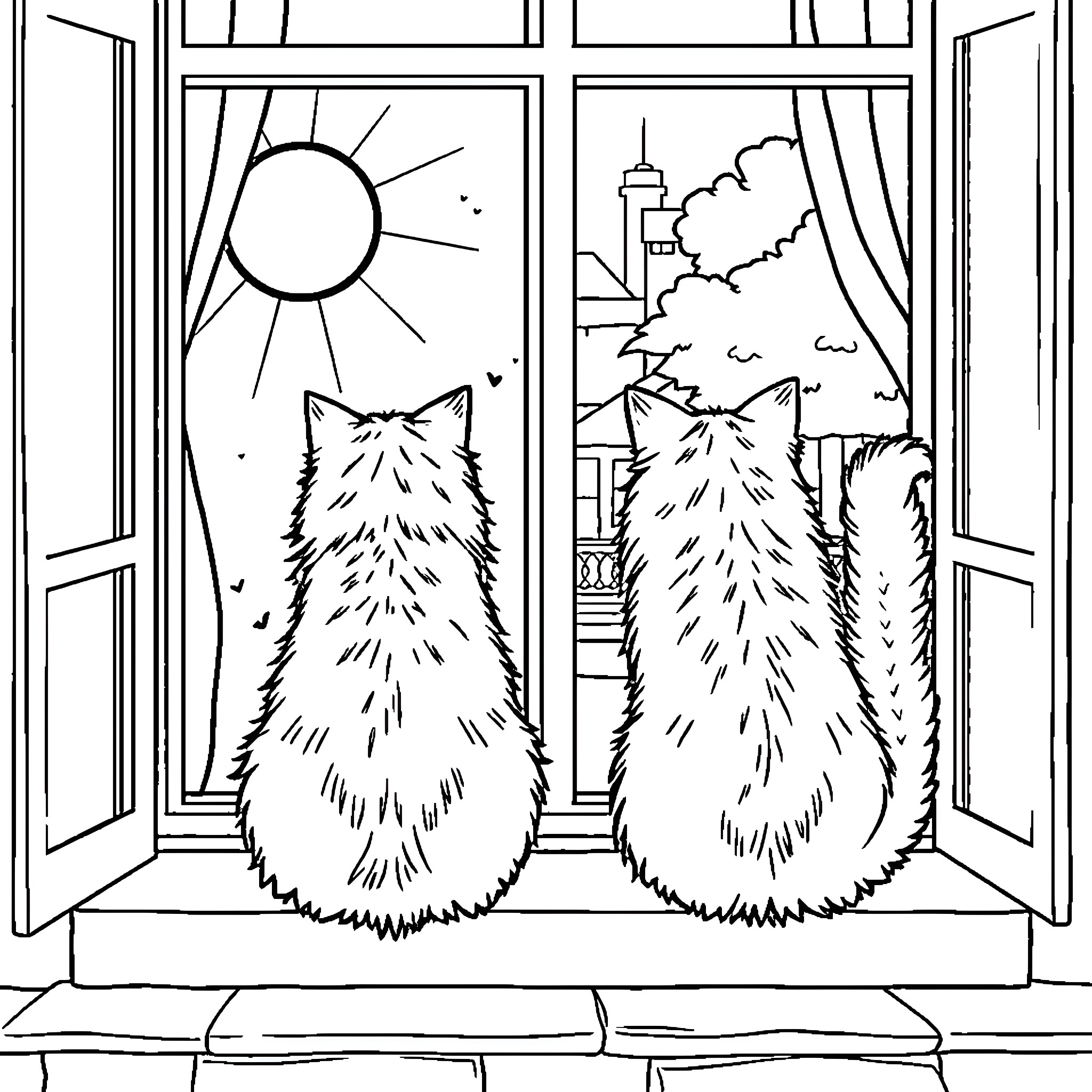 Cats observing the city through window Coloring Page (free black-and-white line drawing printable PDF for all, from beginners to advanced learners, including children, teens, adults, and seniors)