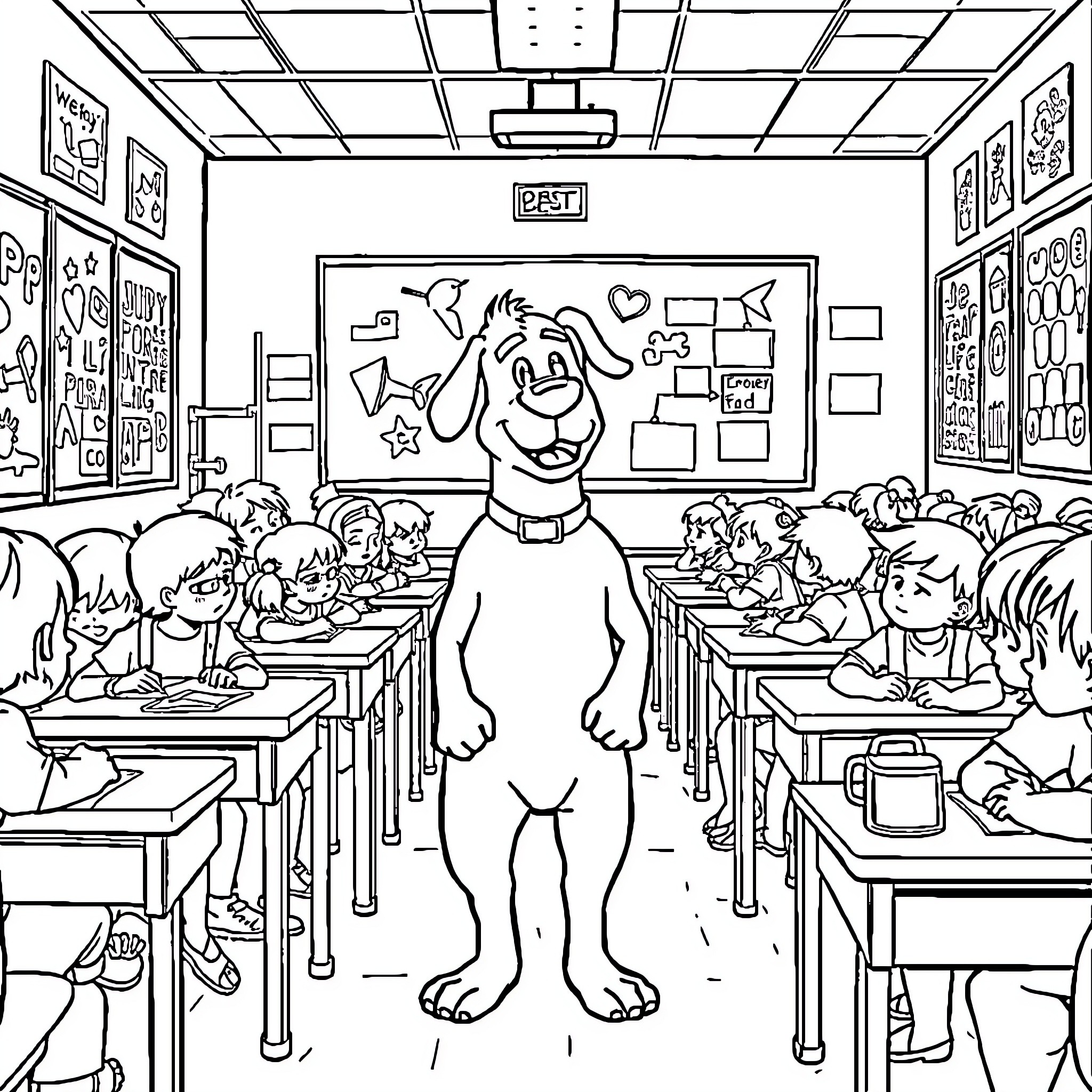 Dog Man teaching students in the classroom Coloring Page (free black-and-white line drawing printable PDF for all, from beginners to advanced learners, including children, teens, adults, and seniors)