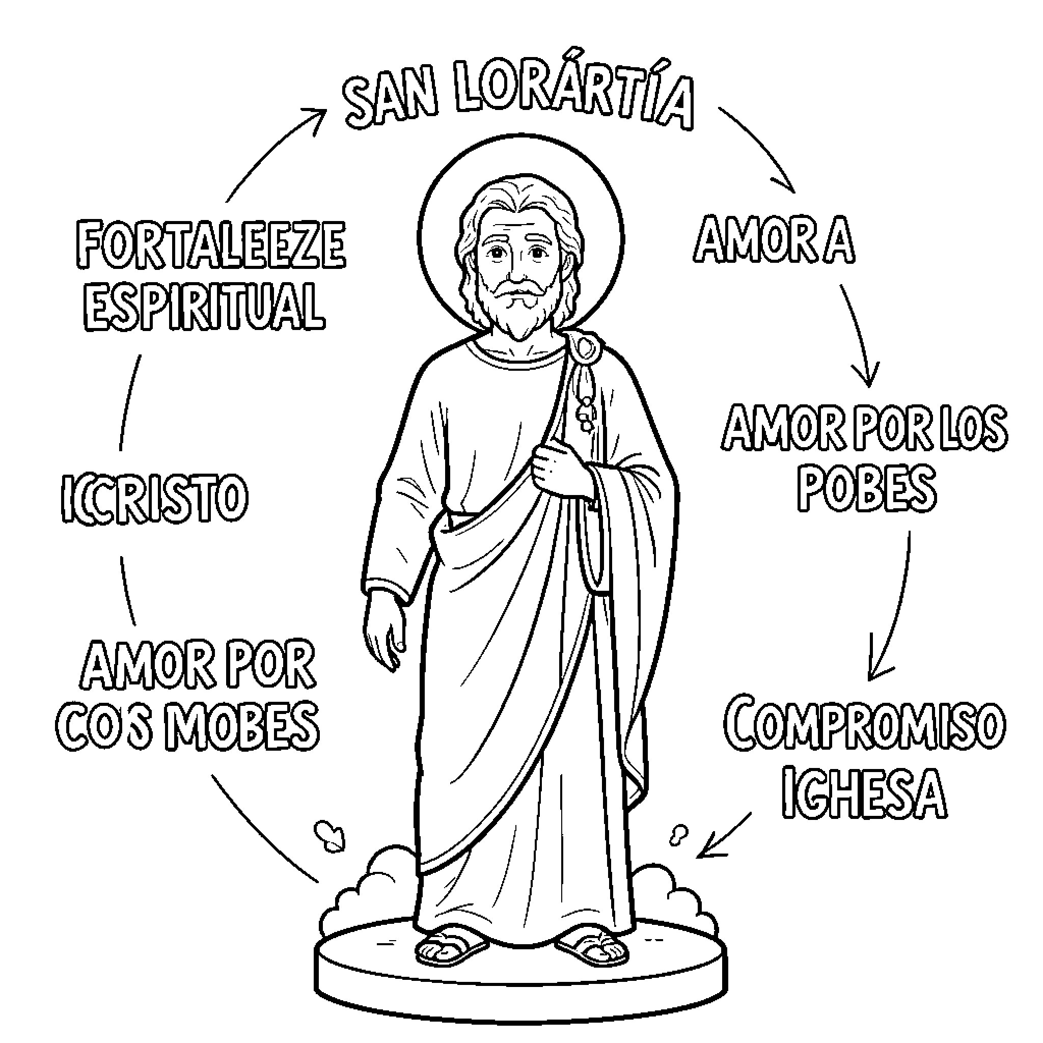 San Lorenzo standing surrounded by religious text and symbols Coloring Page (free black-and-white line drawing printable PDF for all, from beginners to advanced learners, including children, teens, adults, and seniors)