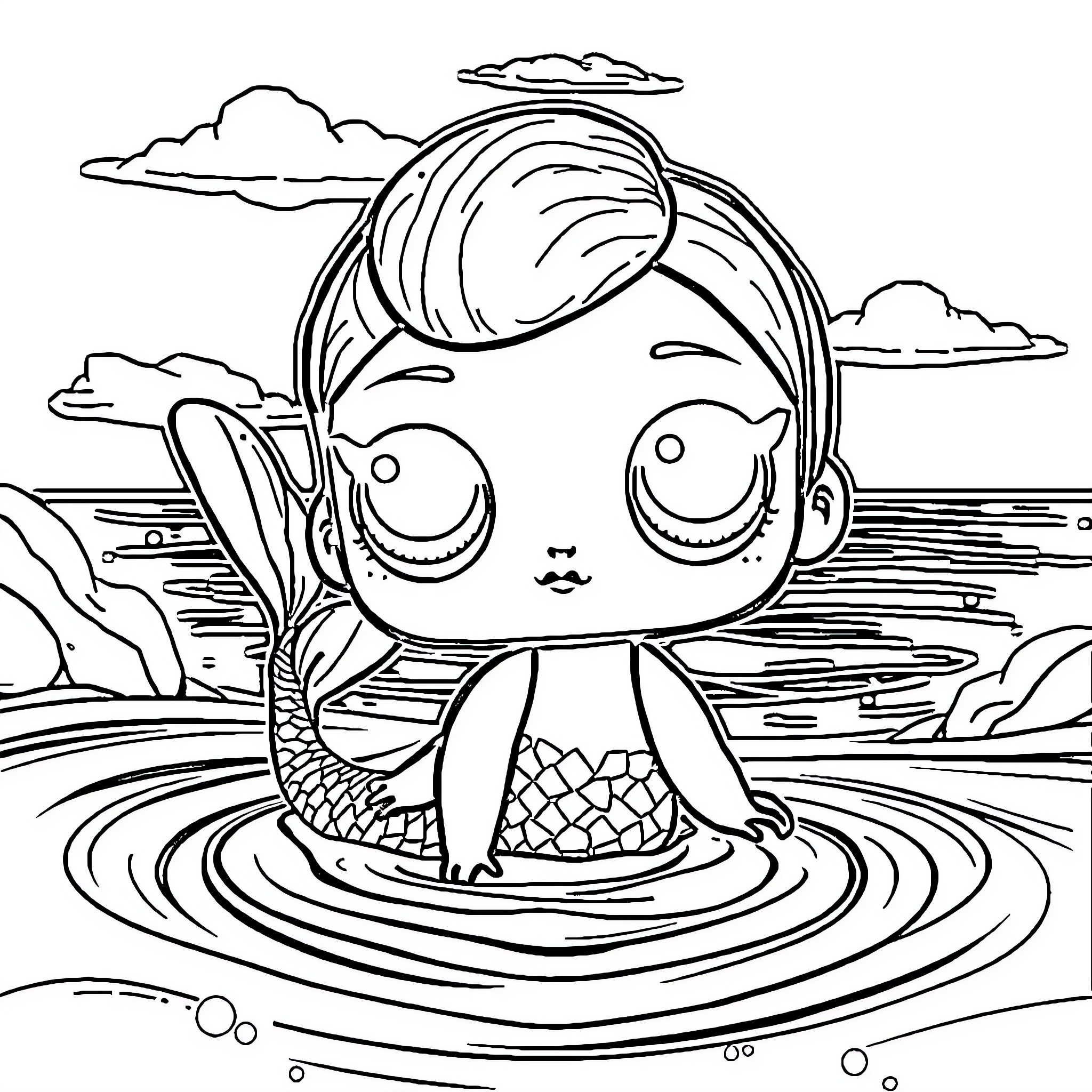 Poupée mermaid splashing in the waves Coloring Page (free black-and-white line drawing printable PDF for all, from beginners to advanced learners, including children, teens, adults, and seniors)