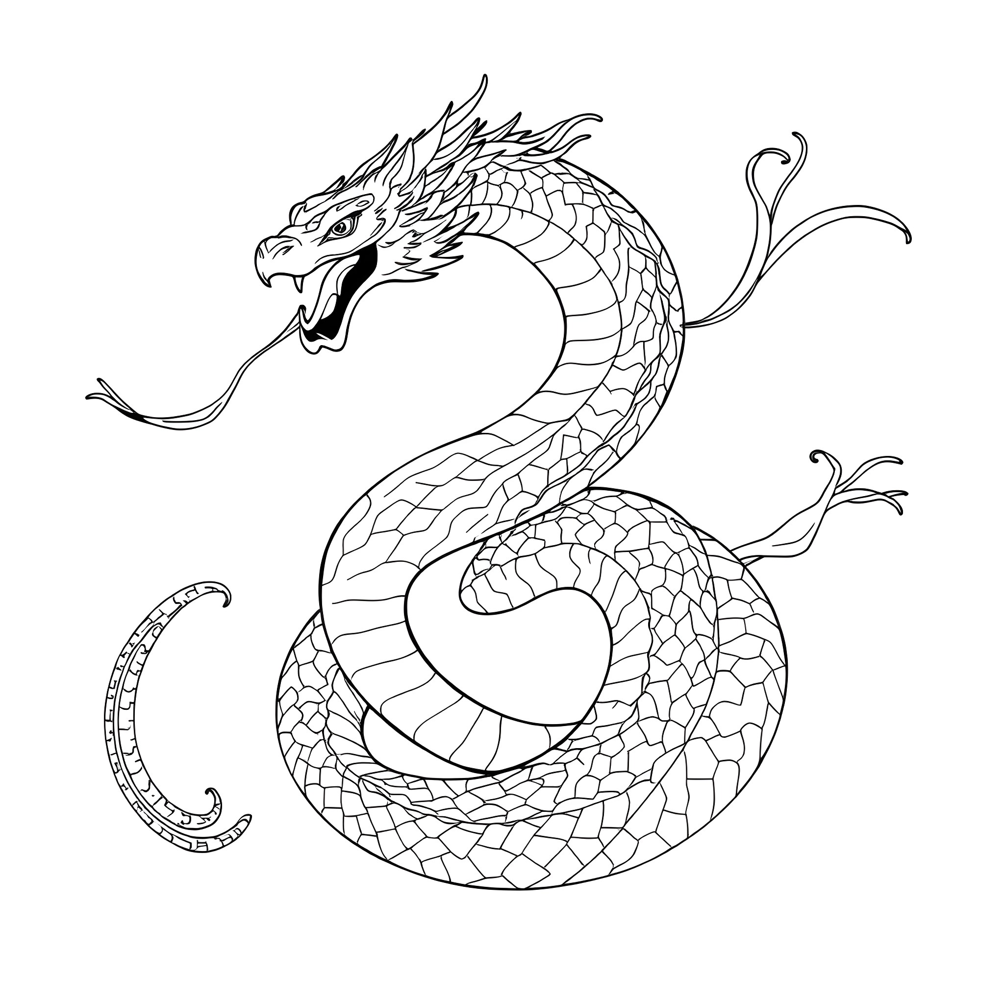 Uktena dragon coiling its body Coloring Page (free black-and-white line drawing printable PDF for all, from beginners to advanced learners, including children, teens, adults, and seniors)