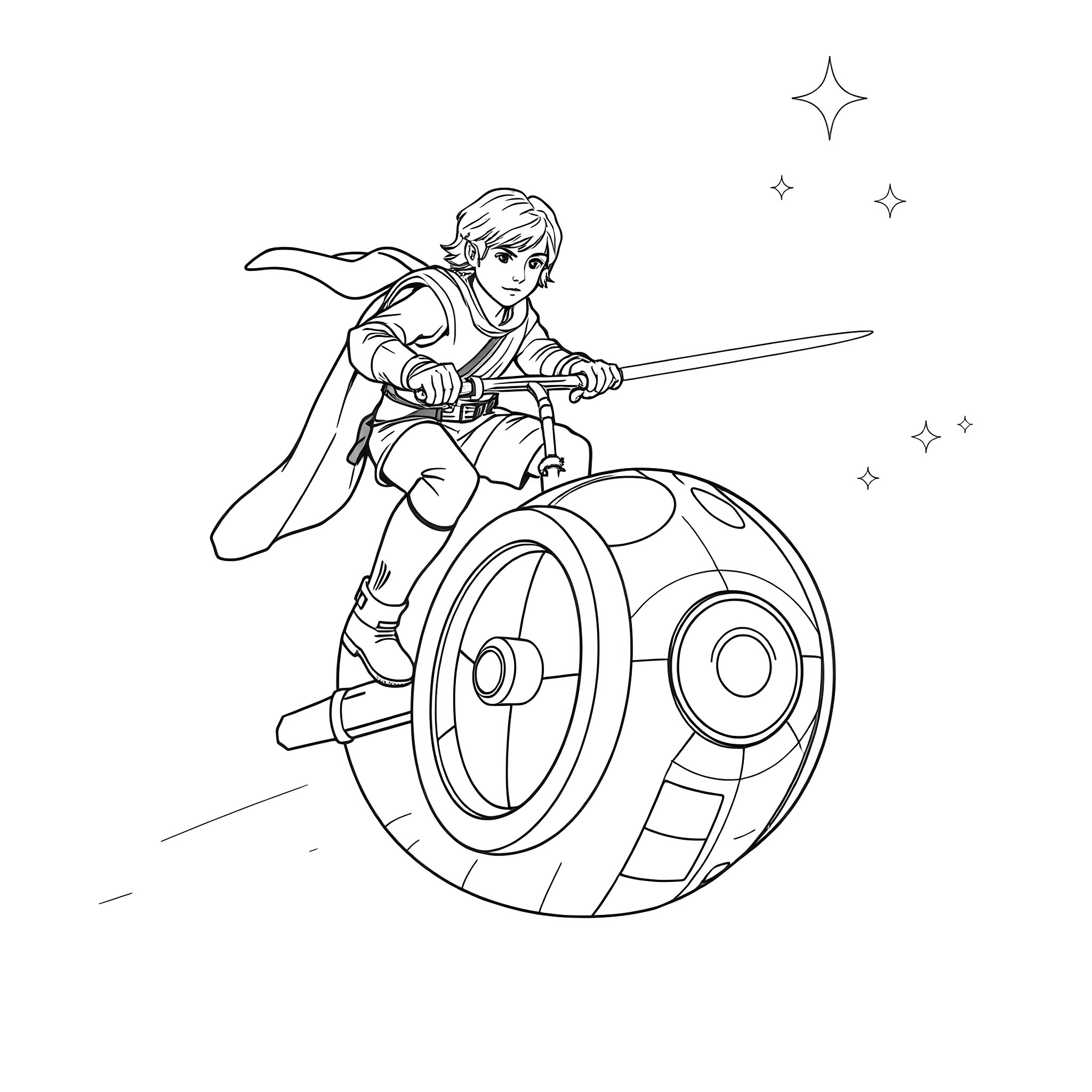 Luke Skywalker rides an intergalactic vehicle with a sword Coloring Page (free black-and-white line drawing printable PDF for all, from beginners to advanced learners, including children, teens, adults, and seniors)