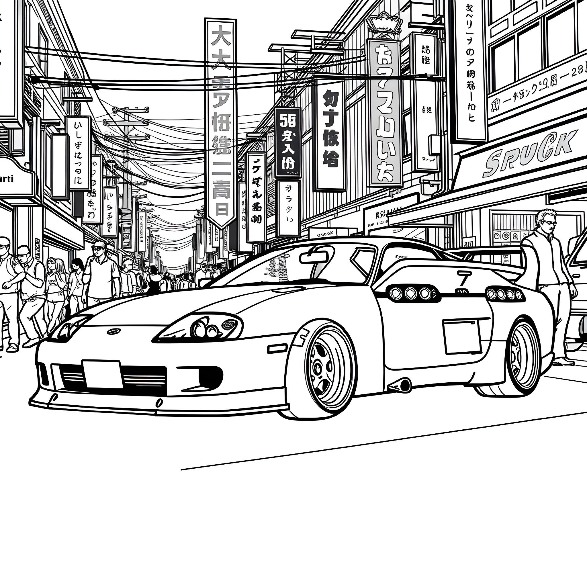 Supra sports car in lively urban street scene Coloring Page (free black-and-white line drawing printable PDF for all, from beginners to advanced learners, including children, teens, adults, and seniors)