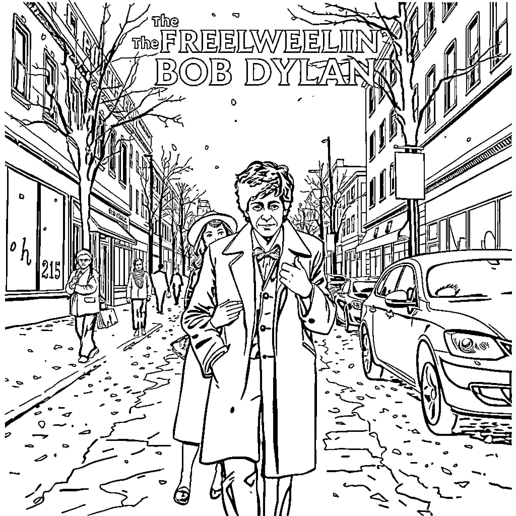 Bob Dylan walking down a city street Coloring Page (free black-and-white line drawing printable PDF for all, from beginners to advanced learners, including children, teens, adults, and seniors)