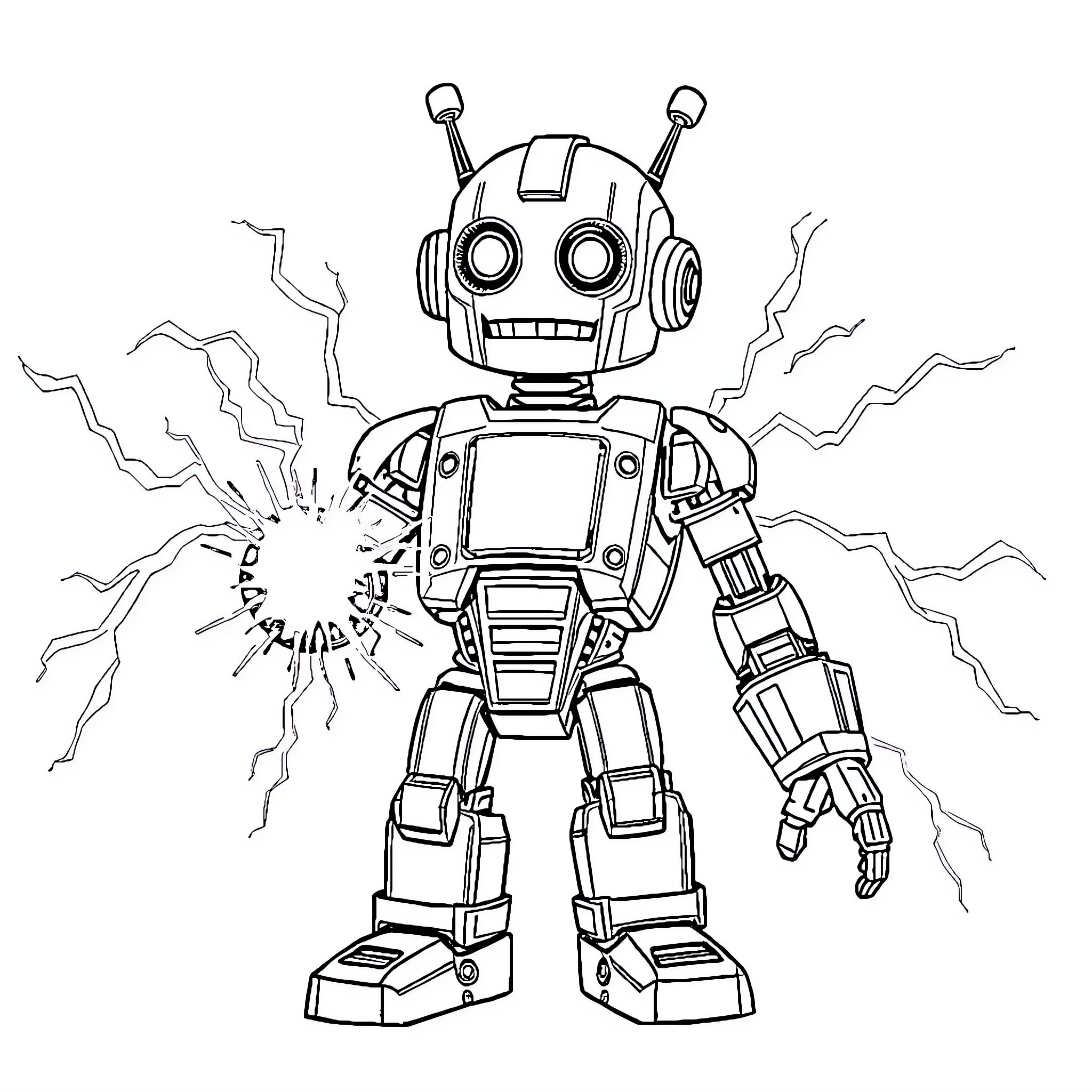 Robot with electric sparks and mechanical arms Coloring Page (free black-and-white line drawing printable PDF for all, from beginners to advanced learners, including children, teens, adults, and seniors)
