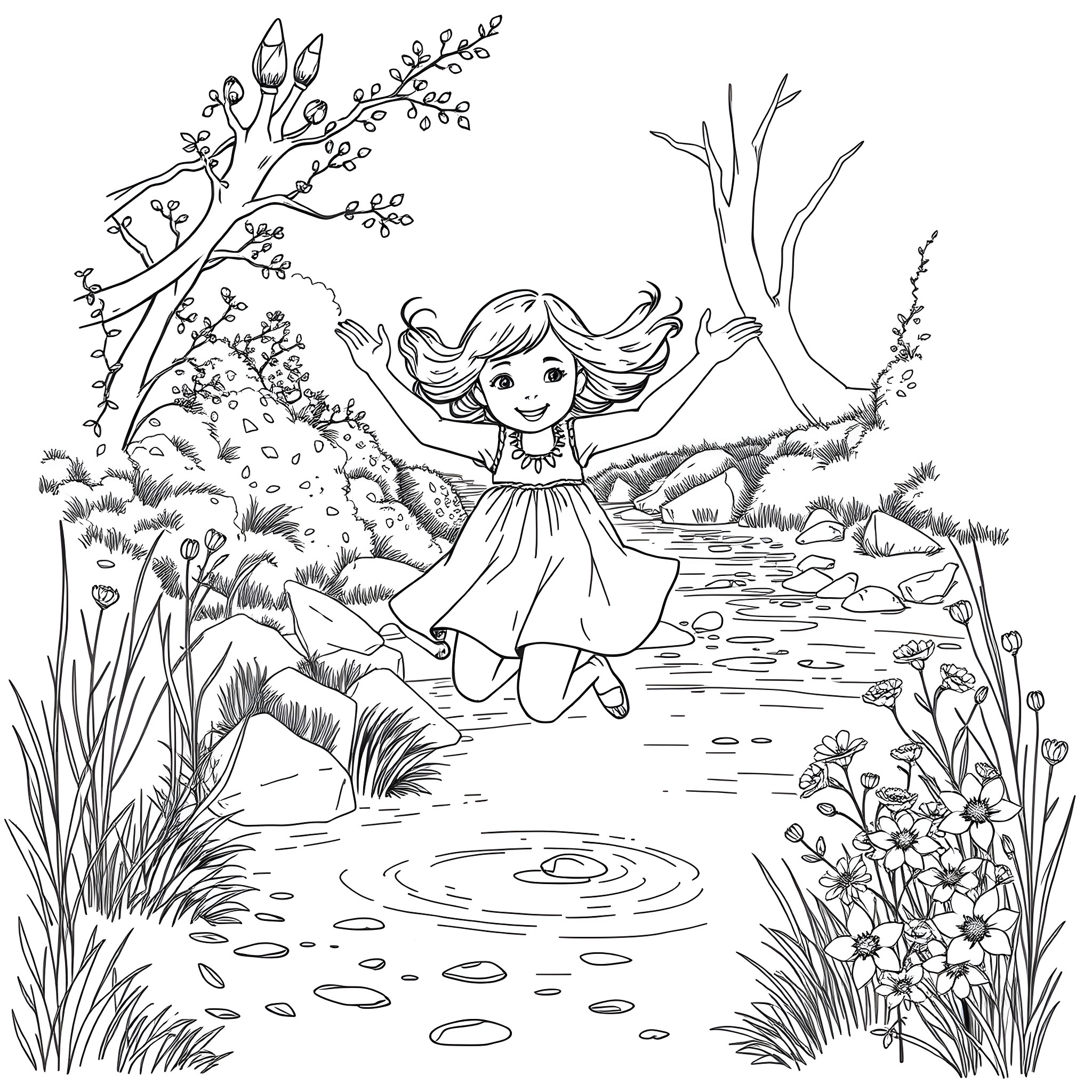 Girl jumping joyfully in nature's embrace Coloring Page (free black-and-white line drawing printable PDF for all, from beginners to advanced learners, including children, teens, adults, and seniors)