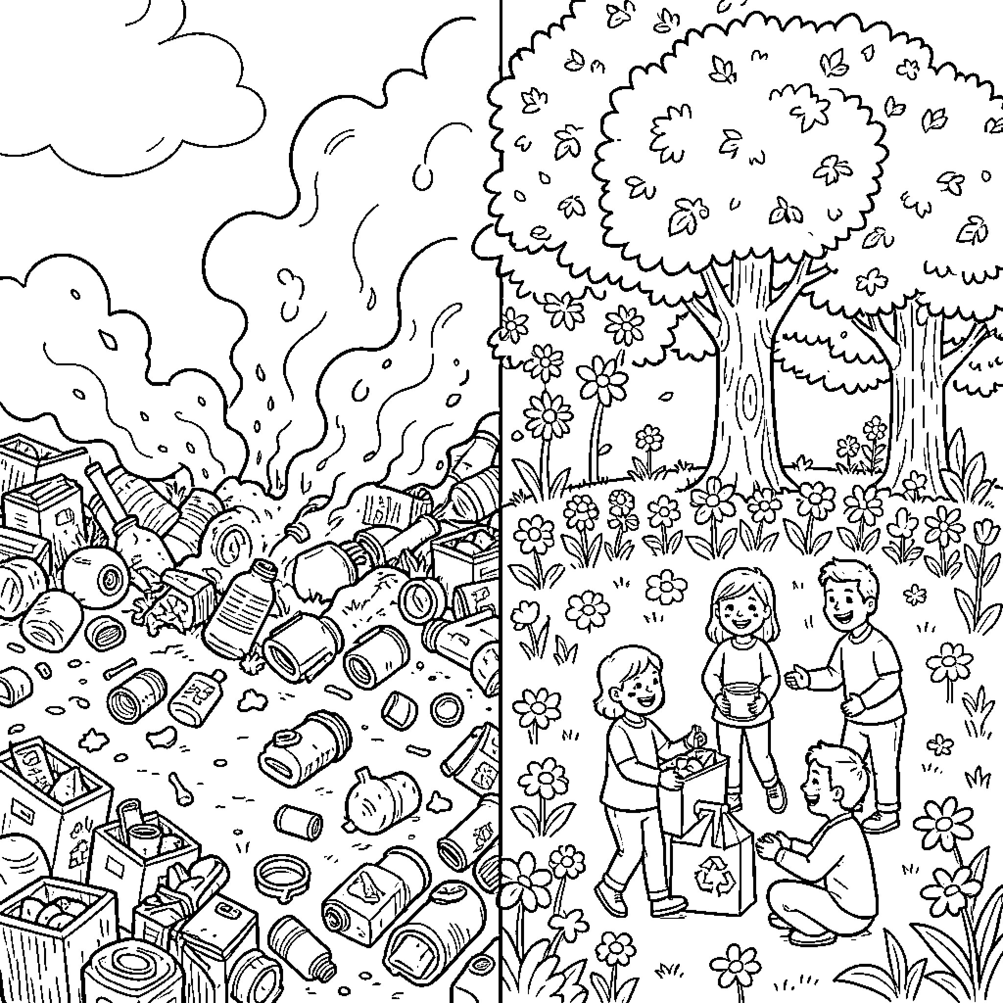 World of Environmental Contrast: Nature and Pollution Coloring Page (free black-and-white line drawing printable PDF for all, from beginners to advanced learners, including children, teens, adults, and seniors)
