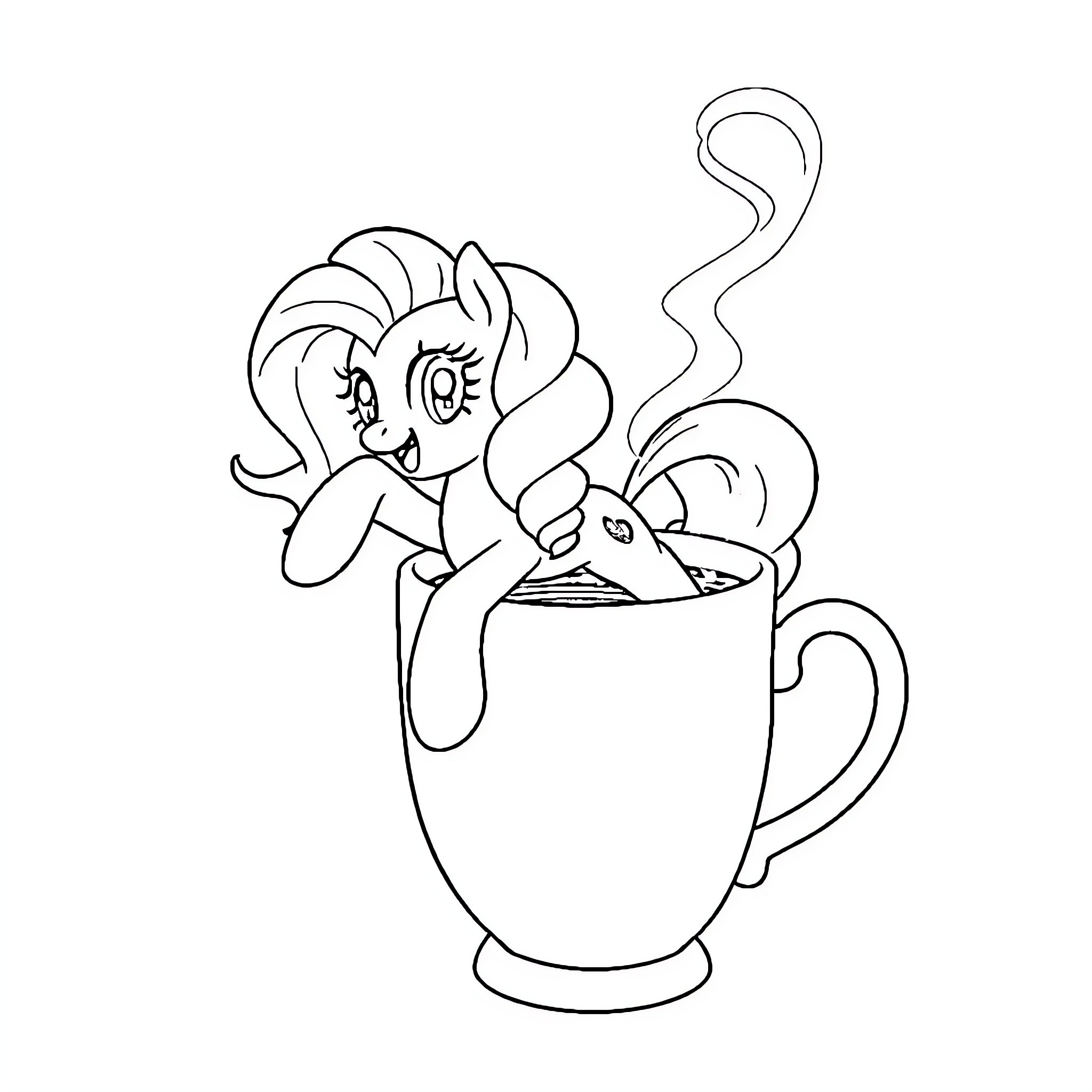 Pinkie Pie enjoying a warm beverage Coloring Page (free black-and-white line drawing printable PDF for all, from beginners to advanced learners, including children, teens, adults, and seniors)