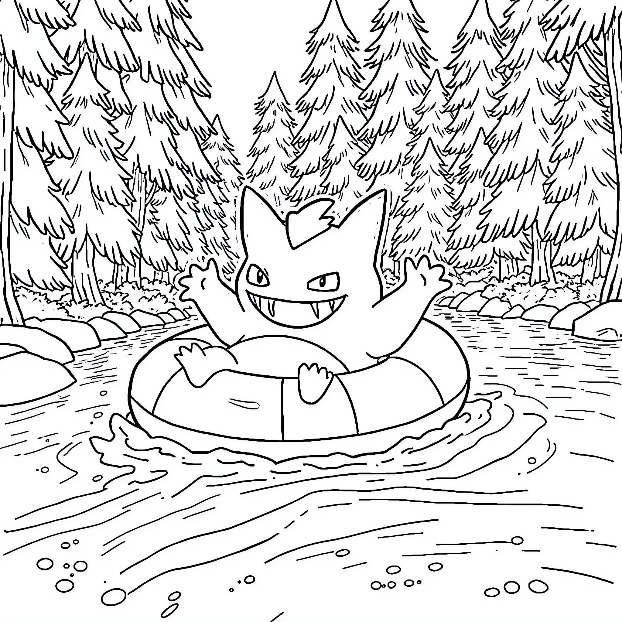 Gengar floating in a forest lake Coloring Page (free black-and-white line drawing printable PDF for all, from beginners to advanced learners, including children, teens, adults, and seniors)