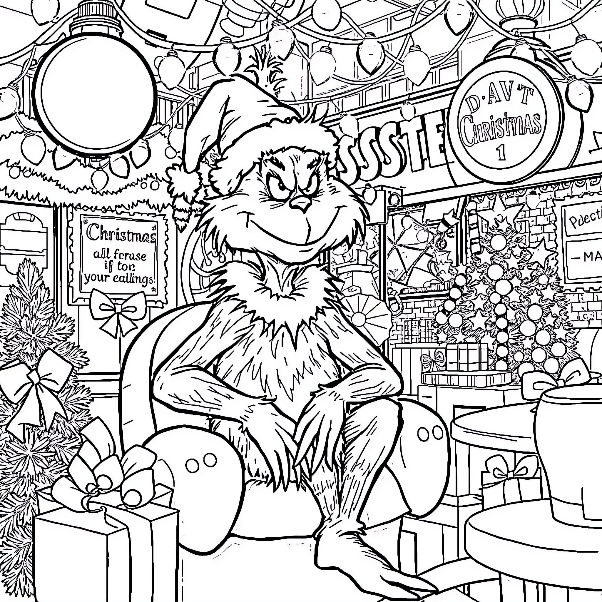 Grinch Enjoying the Christmas Spirit Coloring Page (free black-and-white line drawing printable PDF for all, from beginners to advanced learners, including children, teens, adults, and seniors)
