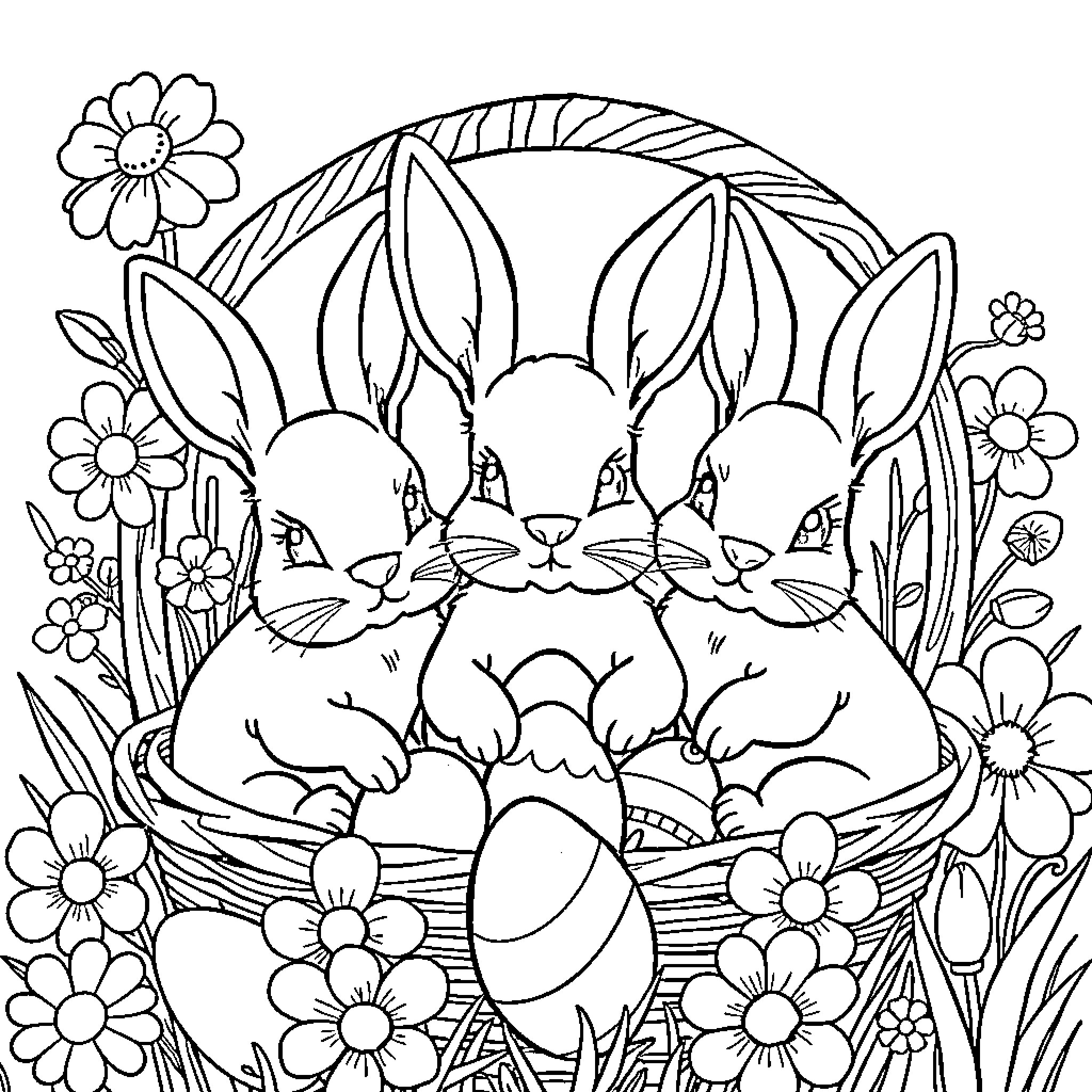 Bunny Family Gathering in a Flowery Meadow Coloring Page (free black-and-white line drawing printable PDF for all, from beginners to advanced learners, including children, teens, adults, and seniors)