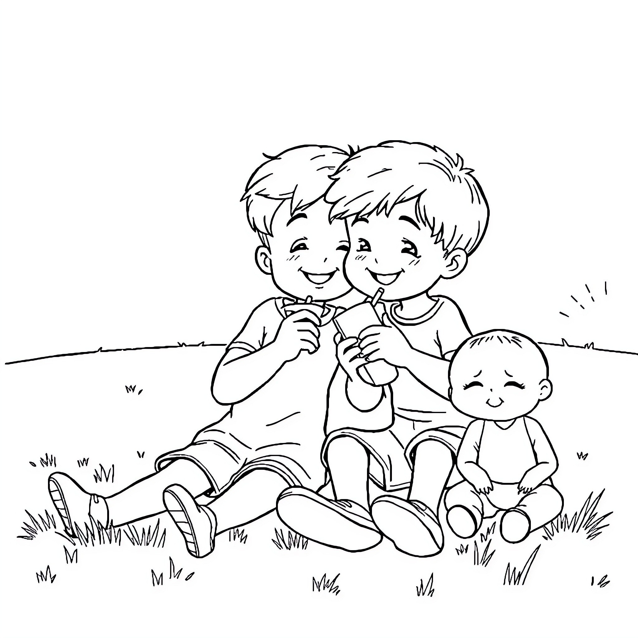Kid siblings playing together outdoors Coloring Page (free black-and-white line drawing printable PDF for all, from beginners to advanced learners, including children, teens, adults, and seniors)