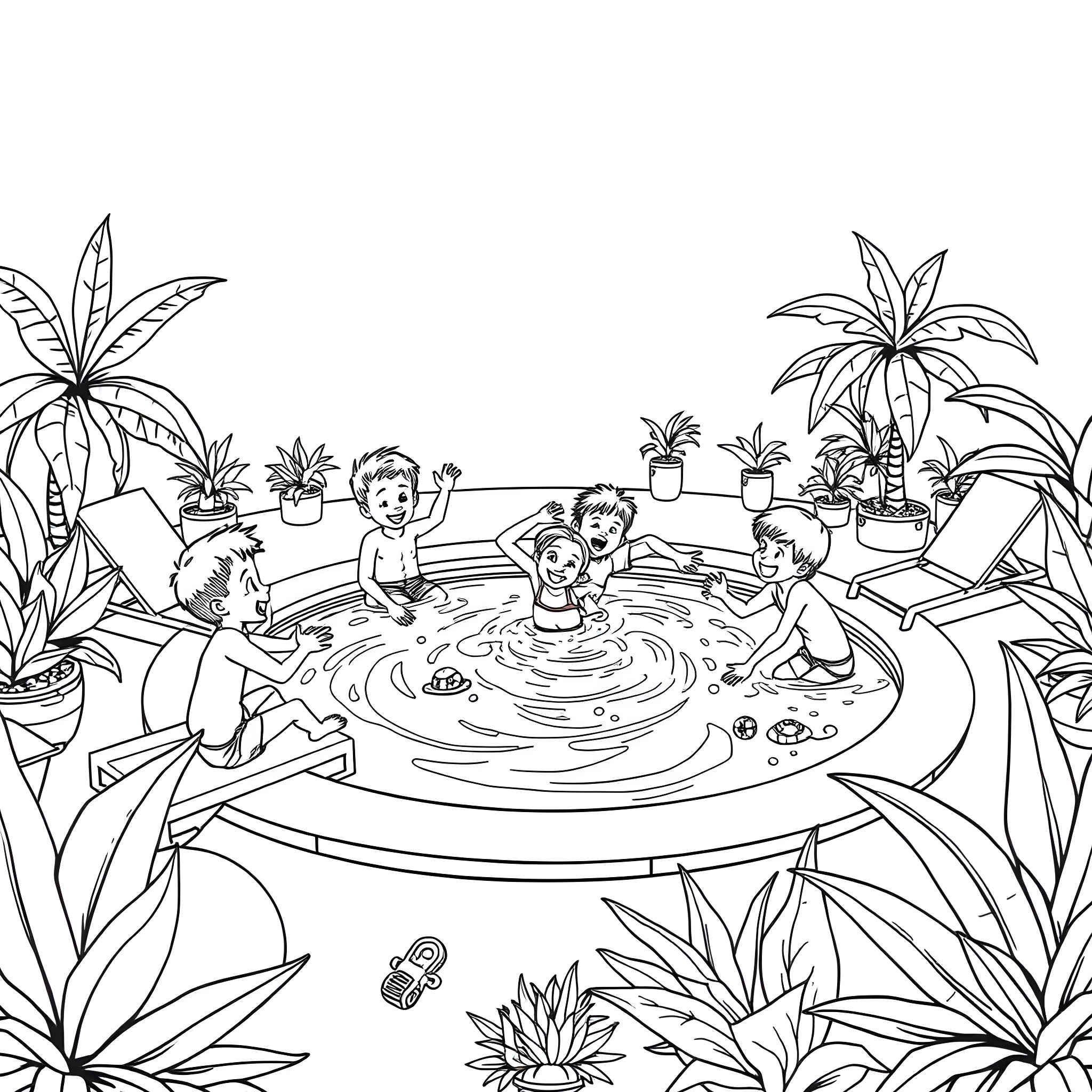 Children playing joyfully in a tropical garden pool Coloring Page (free black-and-white line drawing printable PDF for all, from beginners to advanced learners, including children, teens, adults, and seniors)