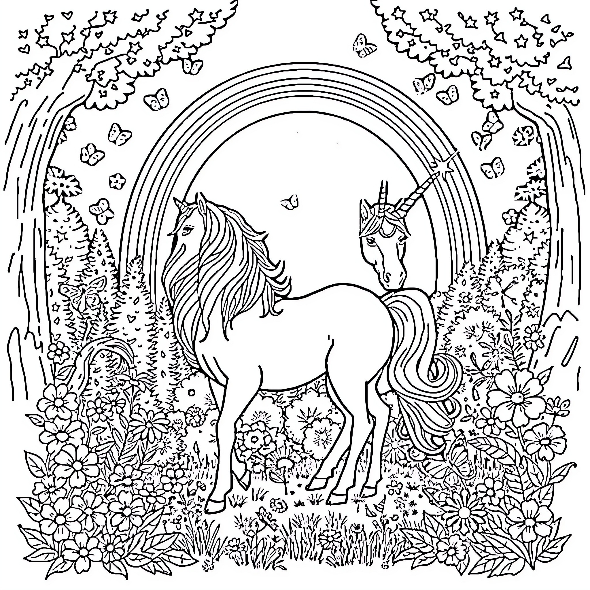 Unicorn frolicking in magical floral garden Coloring Page (free black-and-white line drawing printable PDF for all, from beginners to advanced learners, including children, teens, adults, and seniors)