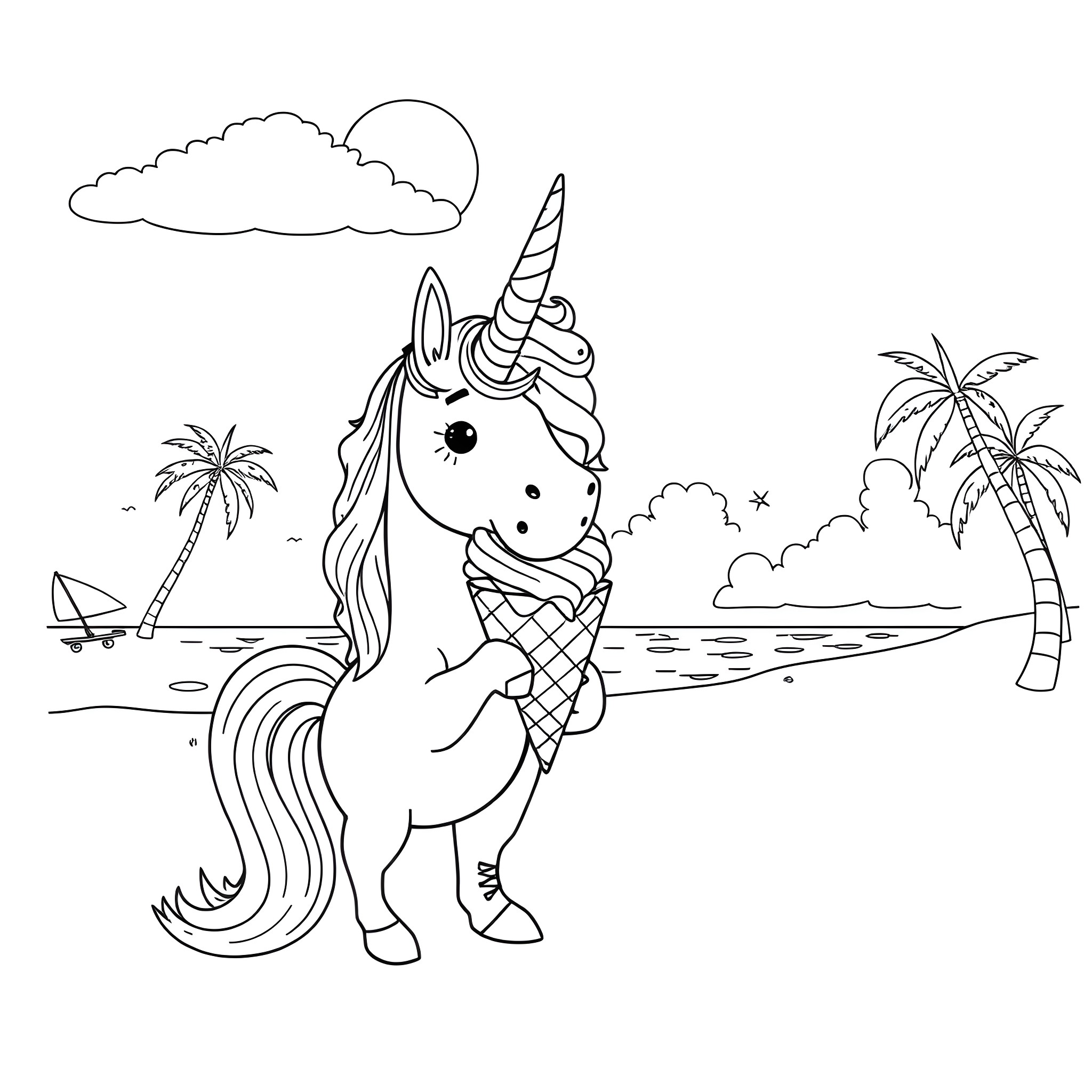 Unicorn enjoying an ice cream by the beach Coloring Page (free black-and-white line drawing printable PDF for all, from beginners to advanced learners, including children, teens, adults, and seniors)