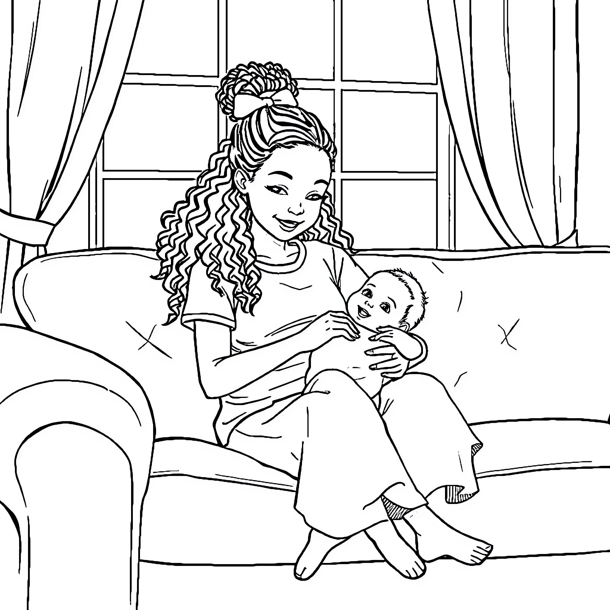 Girl snuggling with baby on cozy sofa Coloring Page (free black-and-white line drawing printable PDF for all, from beginners to advanced learners, including children, teens, adults, and seniors)