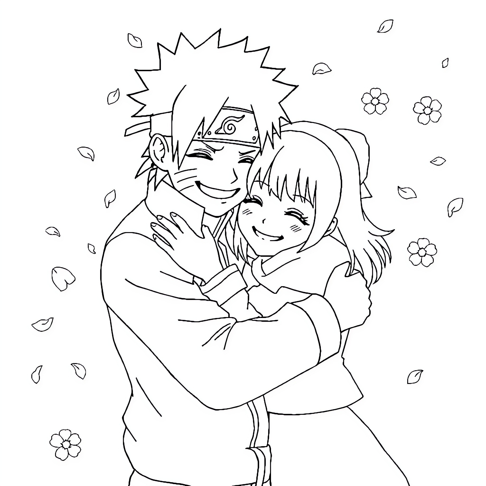Naruto and Sakura Embrace in Joyful Embrace Coloring Page (free black-and-white line drawing printable PDF for all, from beginners to advanced learners, including children, teens, adults, and seniors)