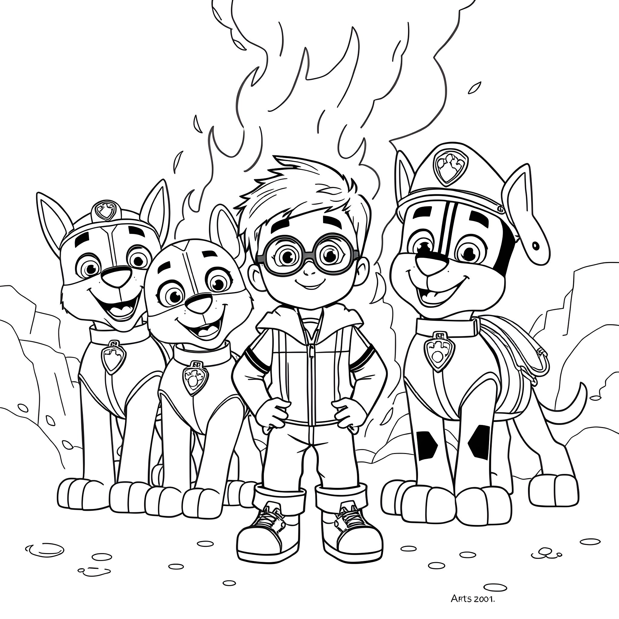 Paw Patrol heroes on an adventure Coloring Page (free black-and-white line drawing printable PDF for all, from beginners to advanced learners, including children, teens, adults, and seniors)