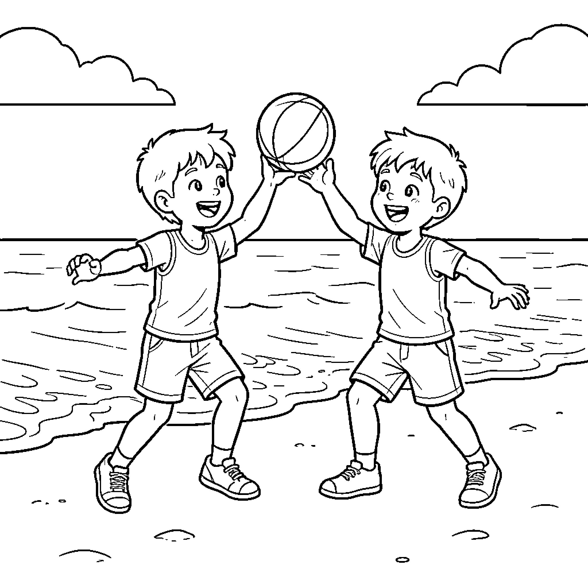 Kid playing with a ball on the beach Coloring Page (free black-and-white line drawing printable PDF for all, from beginners to advanced learners, including children, teens, adults, and seniors)