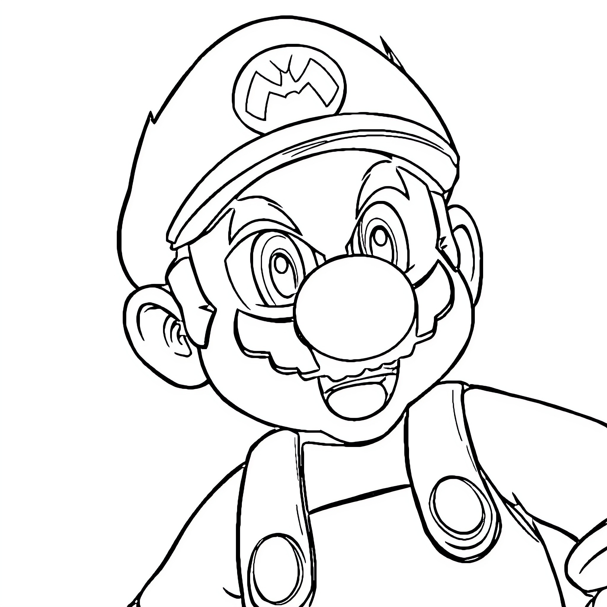 Super Mario Jumping and Smiling Playfully Coloring Page (free black-and-white line drawing printable PDF for all, from beginners to advanced learners, including children, teens, adults, and seniors)