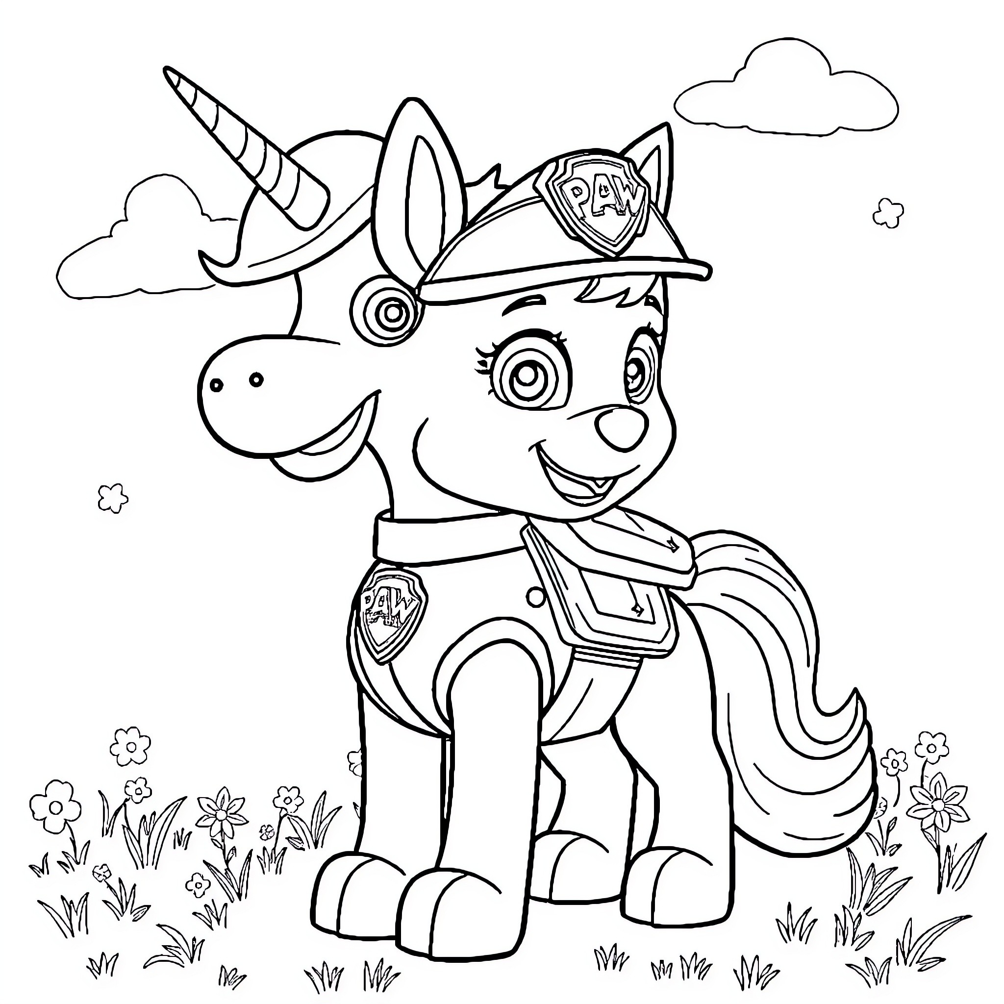 Unicorn Pup in Uniform Exploring the Outdoors Coloring Page (free black-and-white line drawing printable PDF for all, from beginners to advanced learners, including children, teens, adults, and seniors)