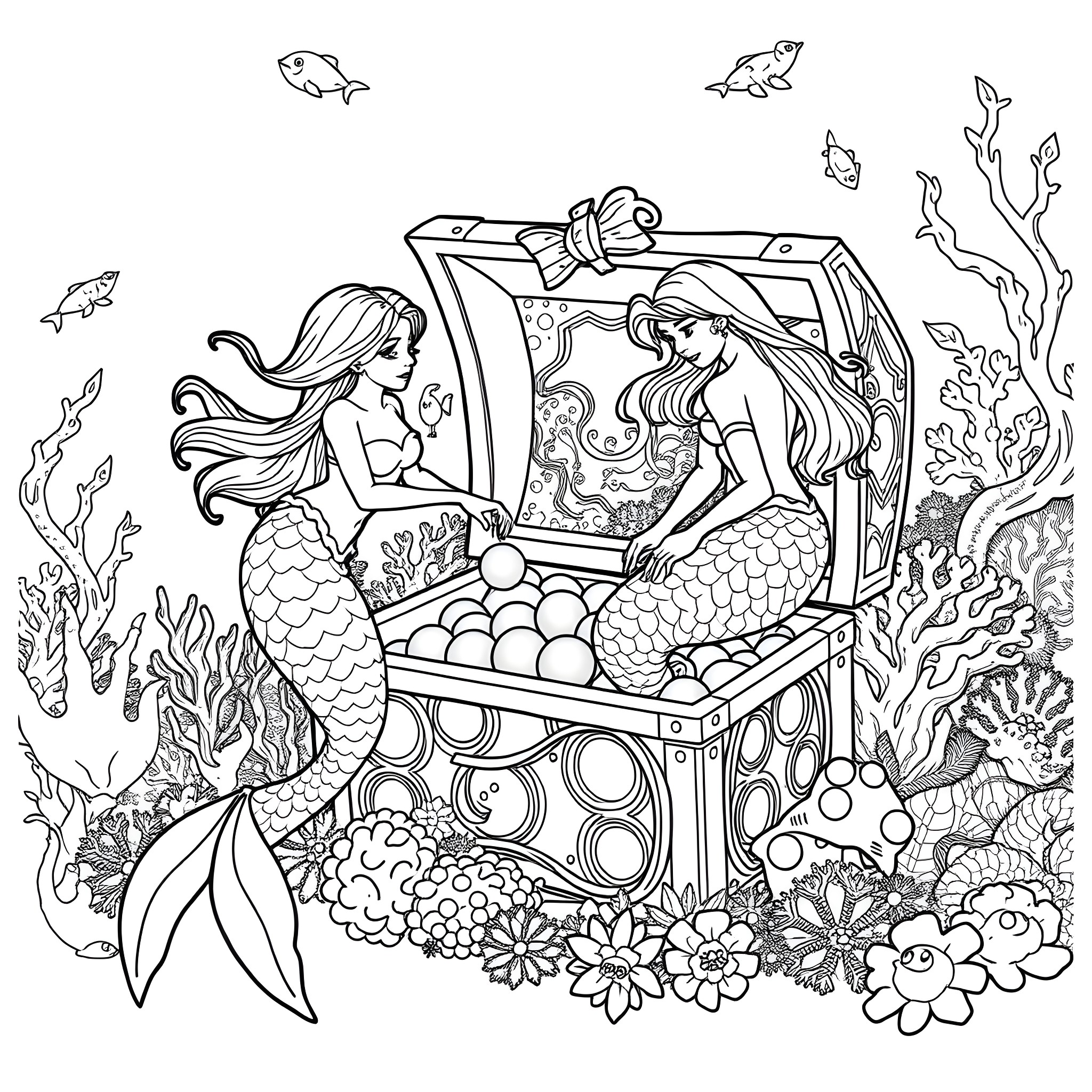 Mermaid Treasure Trove Adventure Coloring Page (free black-and-white line drawing printable PDF for all, from beginners to advanced learners, including children, teens, adults, and seniors)