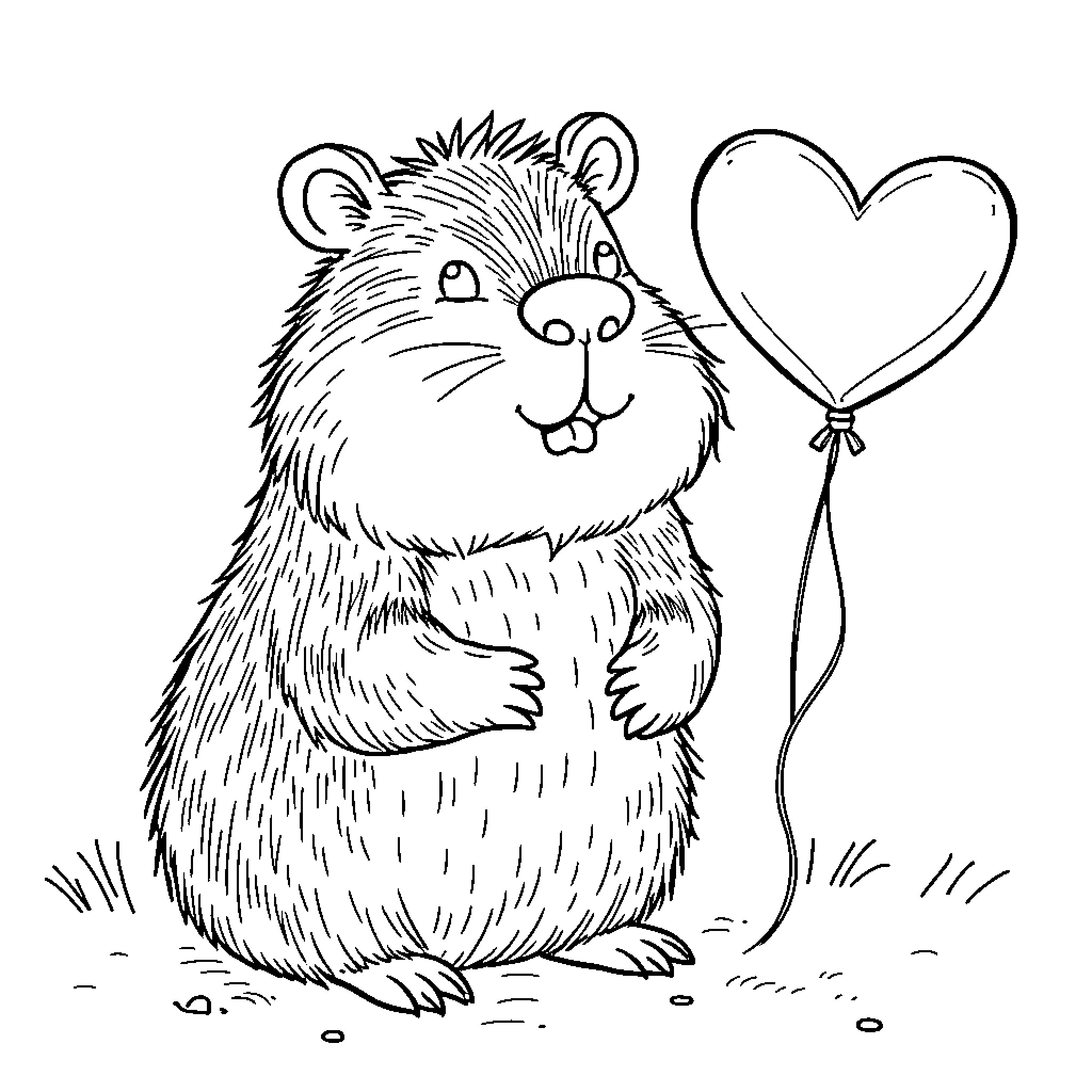 Capybara holding a heart-shaped balloon Coloring Page (free black-and-white line drawing printable PDF for all, from beginners to advanced learners, including children, teens, adults, and seniors)