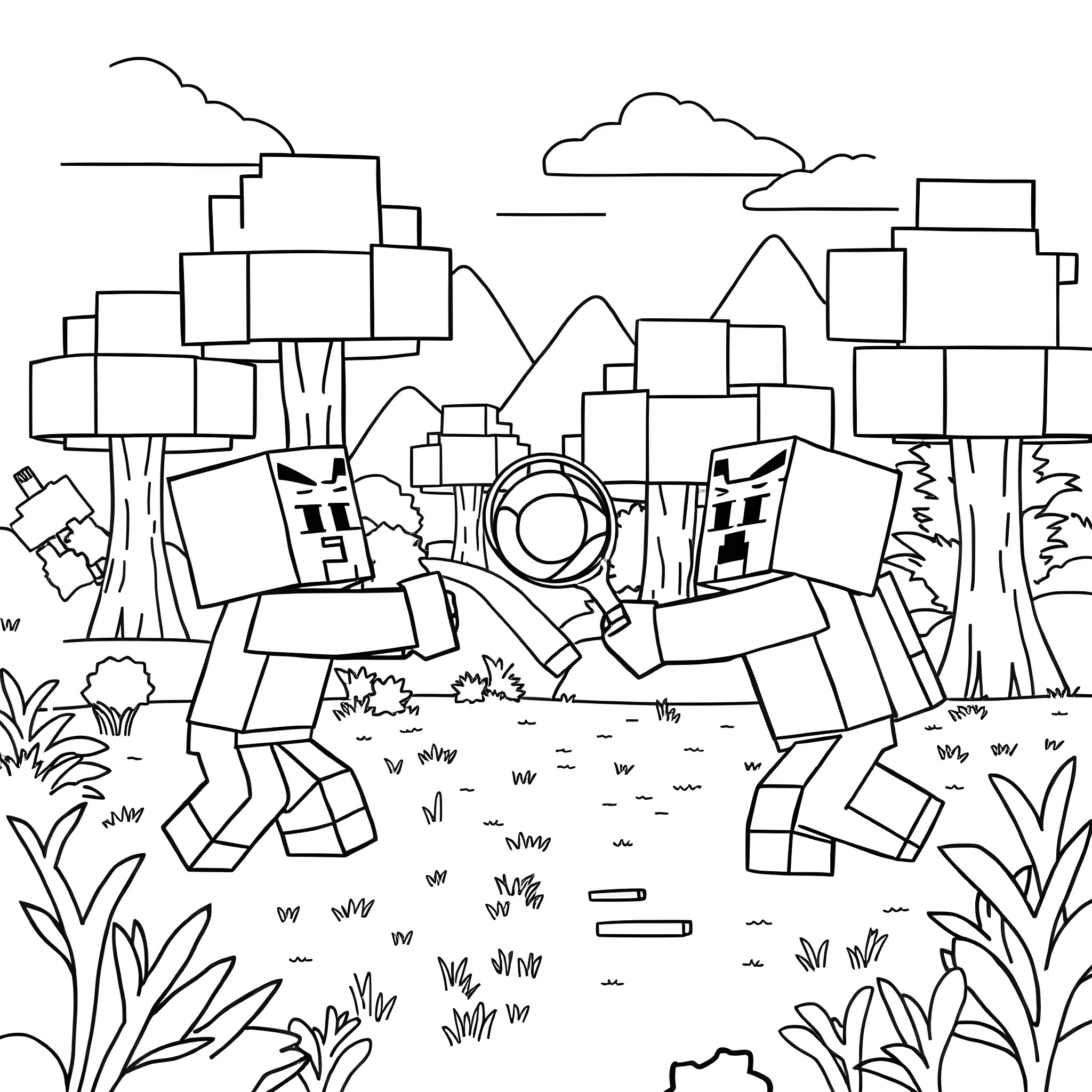 Minecraft characters exploring the blocky landscape Coloring Page (free black-and-white line drawing printable PDF for all, from beginners to advanced learners, including children, teens, adults, and seniors)