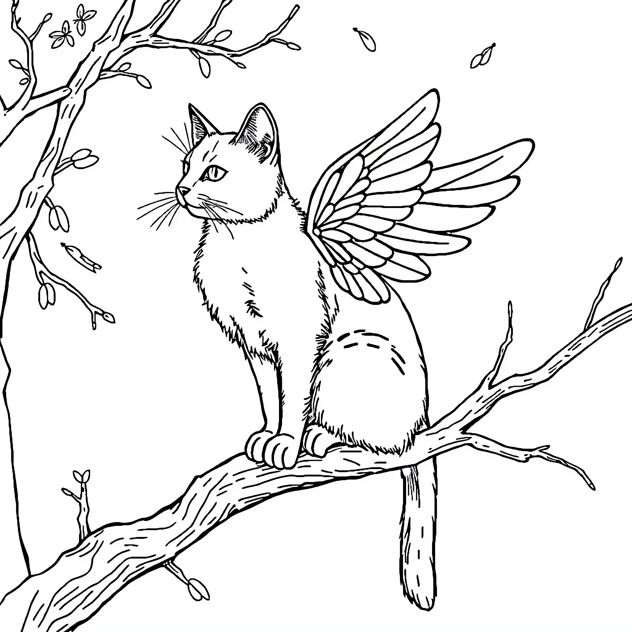 Cat with Wings on a Flowery Branch Coloring Page (free black-and-white line drawing printable PDF for all, from beginners to advanced learners, including children, teens, adults, and seniors)