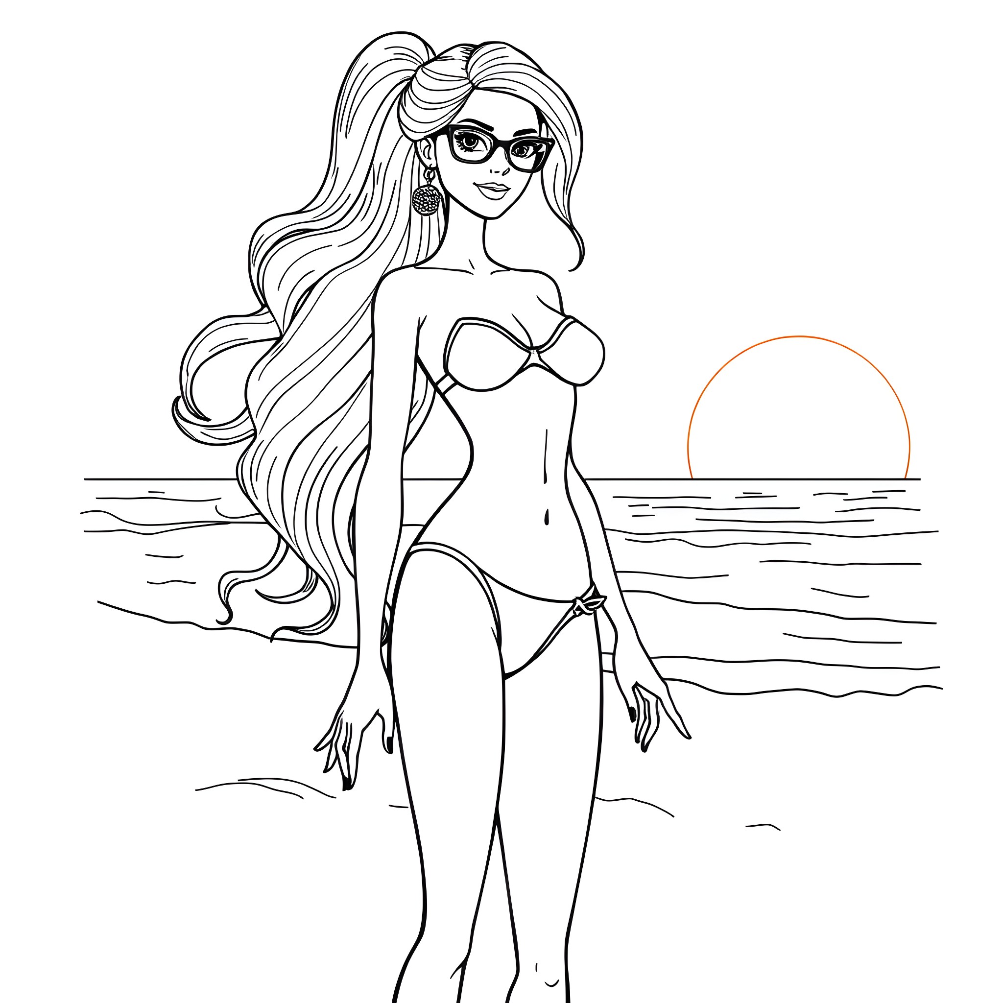 Barbie enjoying a day at the beach Coloring Page (free black-and-white line drawing printable PDF for all, from beginners to advanced learners, including children, teens, adults, and seniors)