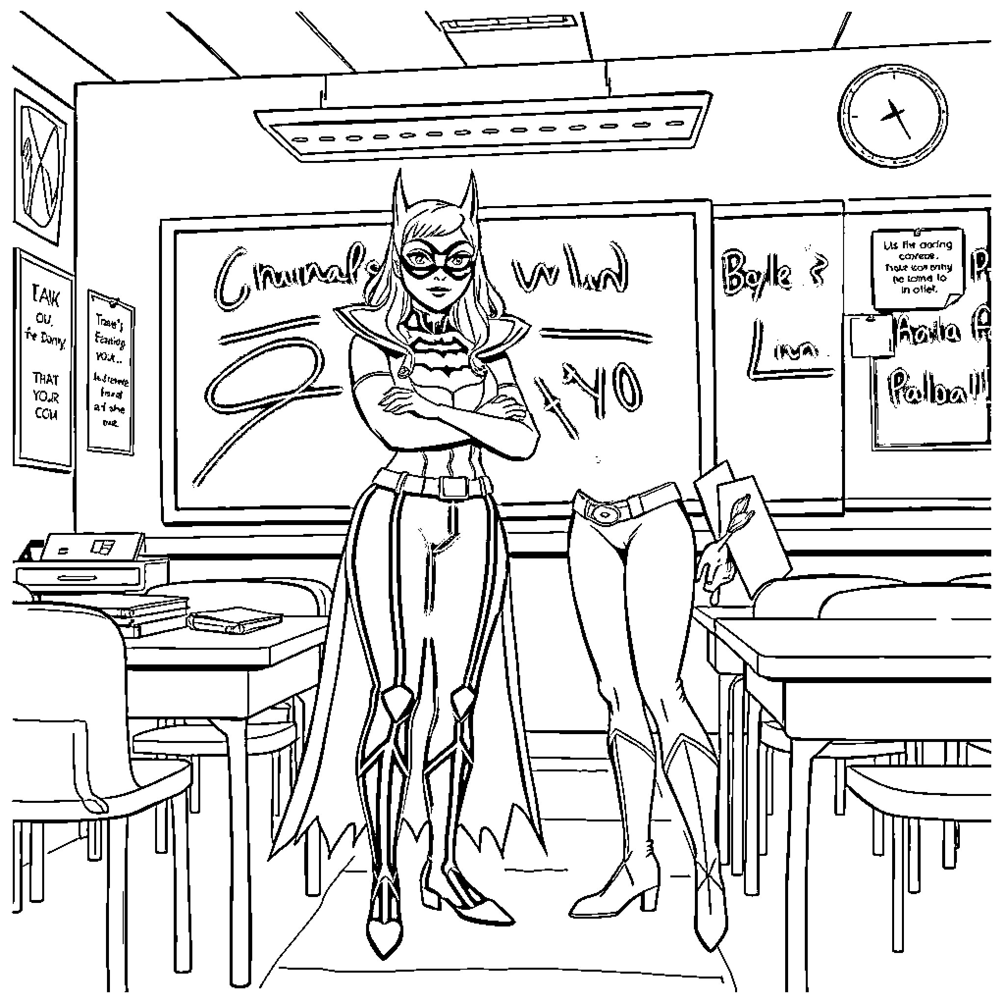 Teacher superhero standing in front of the classroom Coloring Page (free black-and-white line drawing printable PDF for all, from beginners to advanced learners, including children, teens, adults, and seniors)