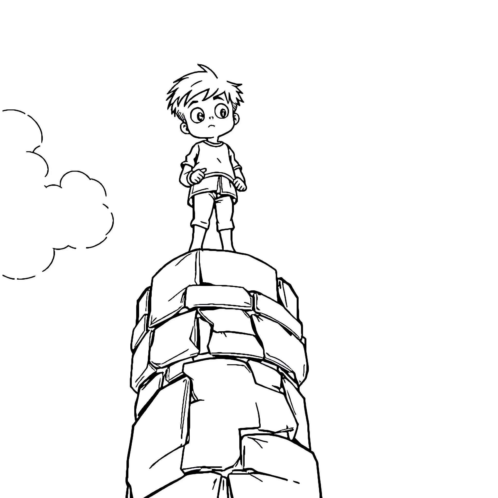 Boy standing atop a rocky mountain Coloring Page (free black-and-white line drawing printable PDF for all, from beginners to advanced learners, including children, teens, adults, and seniors)