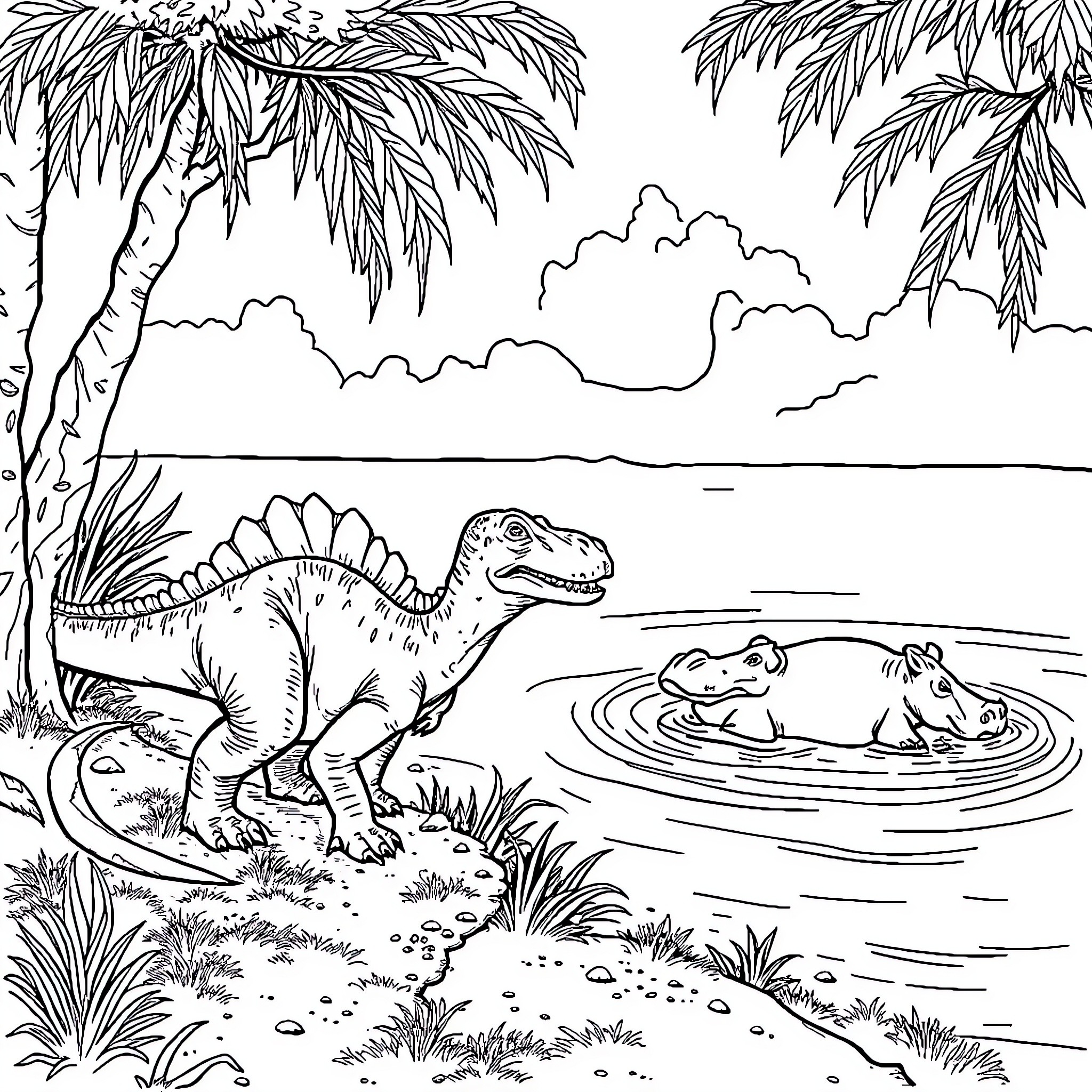 Spinosaurus Roaming a Prehistoric Landscape Coloring Page (free black-and-white line drawing printable PDF for all, from beginners to advanced learners, including children, teens, adults, and seniors)