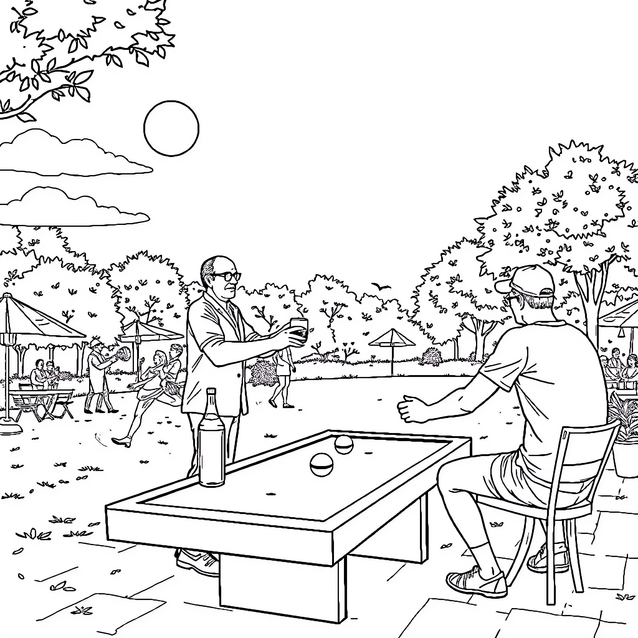 Barman serving drinks at an outdoor gathering Coloring Page (free black-and-white line drawing printable PDF for all, from beginners to advanced learners, including children, teens, adults, and seniors)