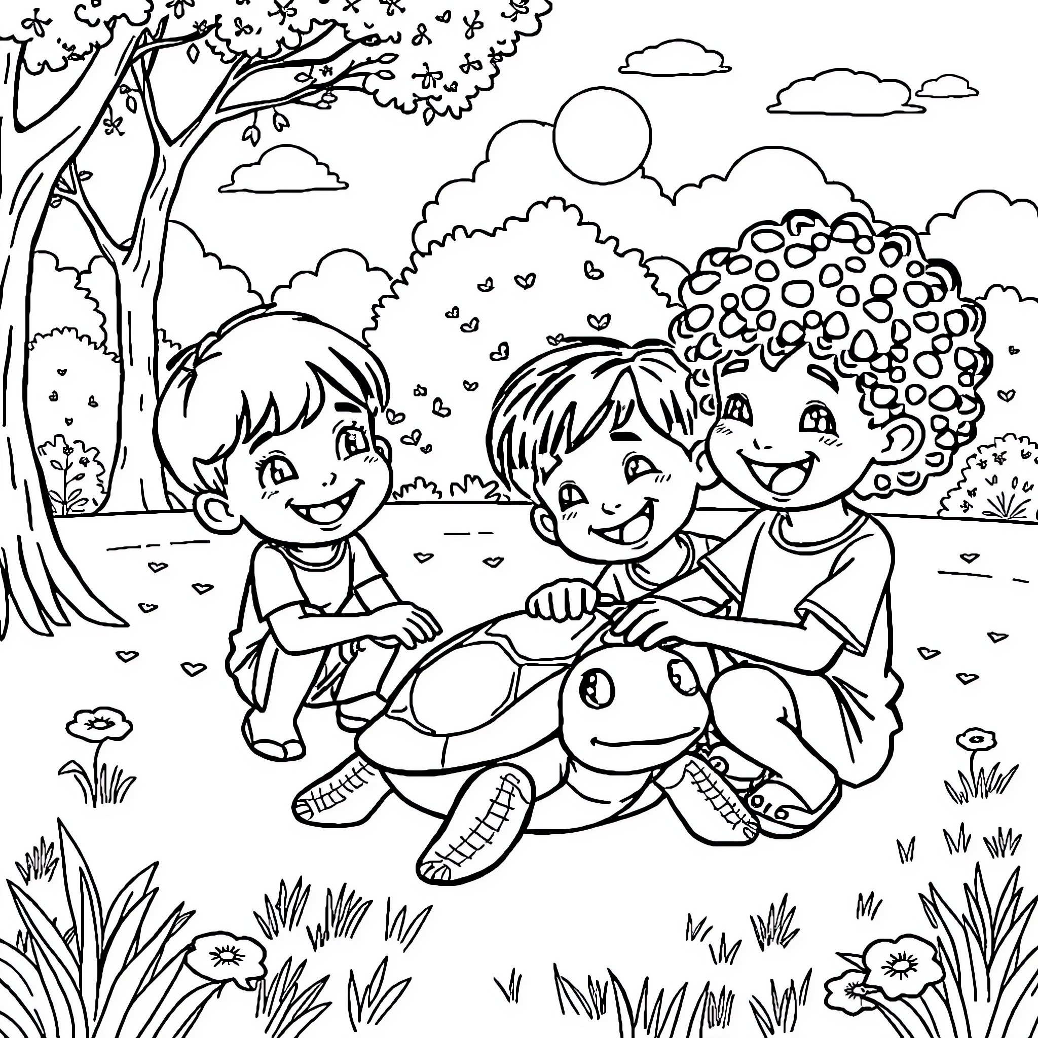 Kid playing happily in nature with friends Coloring Page (free black-and-white line drawing printable PDF for all, from beginners to advanced learners, including children, teens, adults, and seniors)