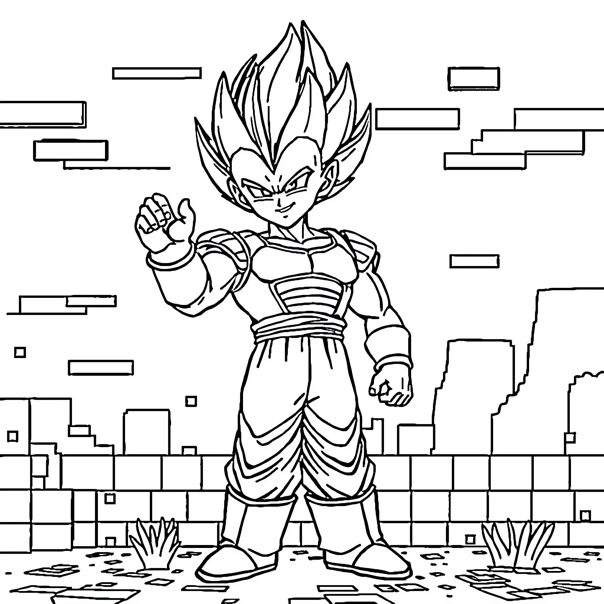 Vegeta in a fierce battle stance Coloring Page (free black-and-white line drawing printable PDF for all, from beginners to advanced learners, including children, teens, adults, and seniors)
