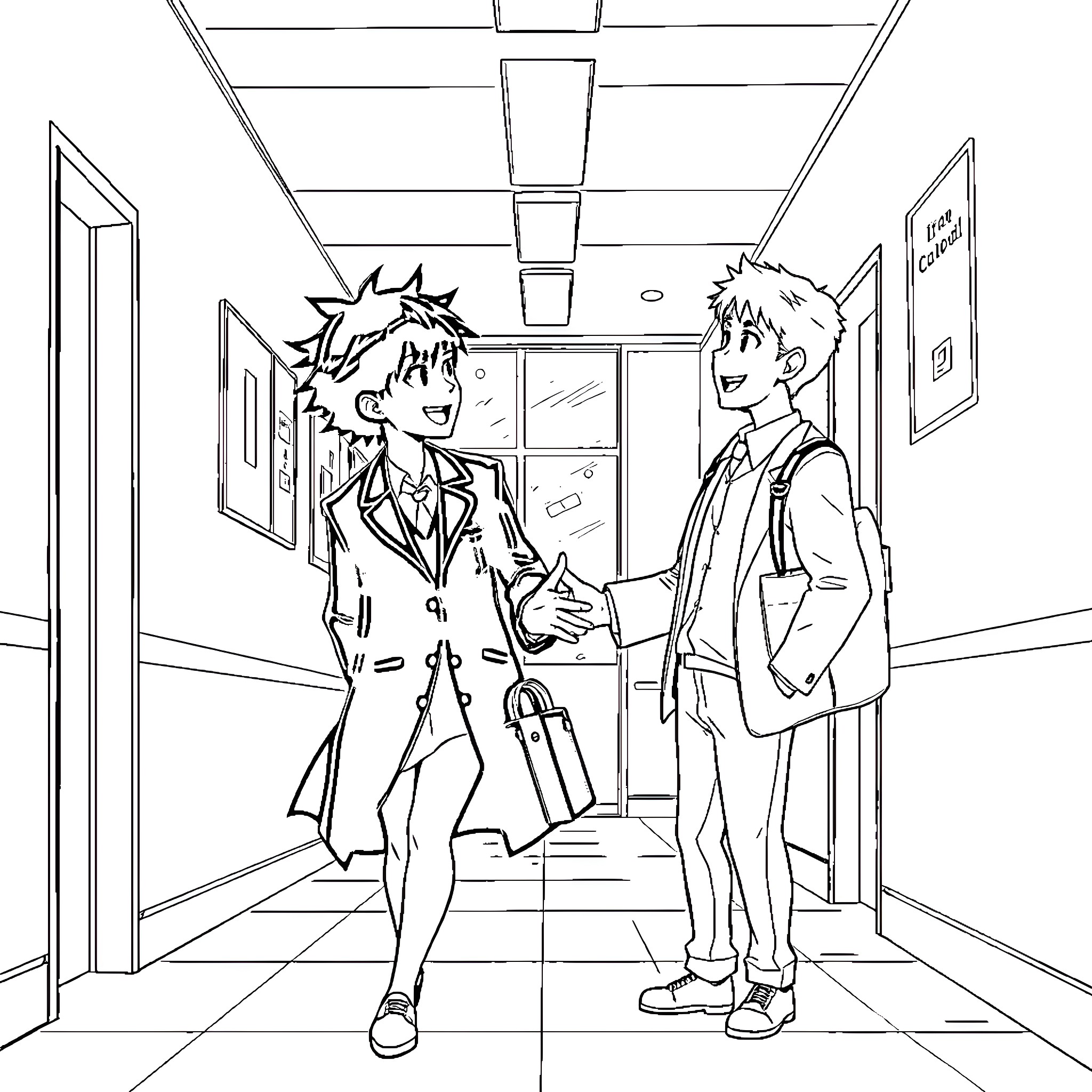 Gojo and classmate meeting in school hallway Coloring Page (free black-and-white line drawing printable PDF for all, from beginners to advanced learners, including children, teens, adults, and seniors)