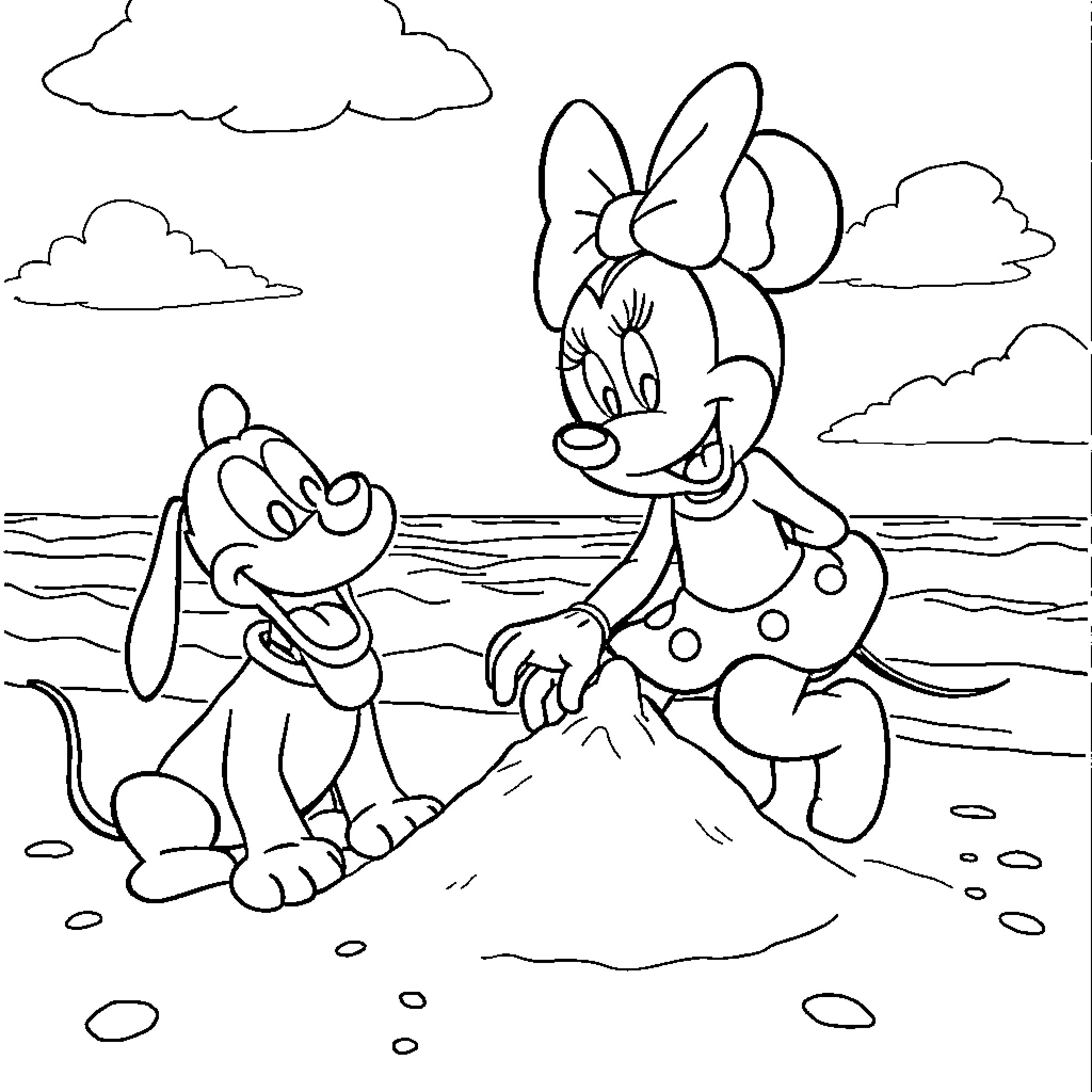 Minnie and Mickey enjoying a day at the beach Coloring Page (free black-and-white line drawing printable PDF for all, from beginners to advanced learners, including children, teens, adults, and seniors)