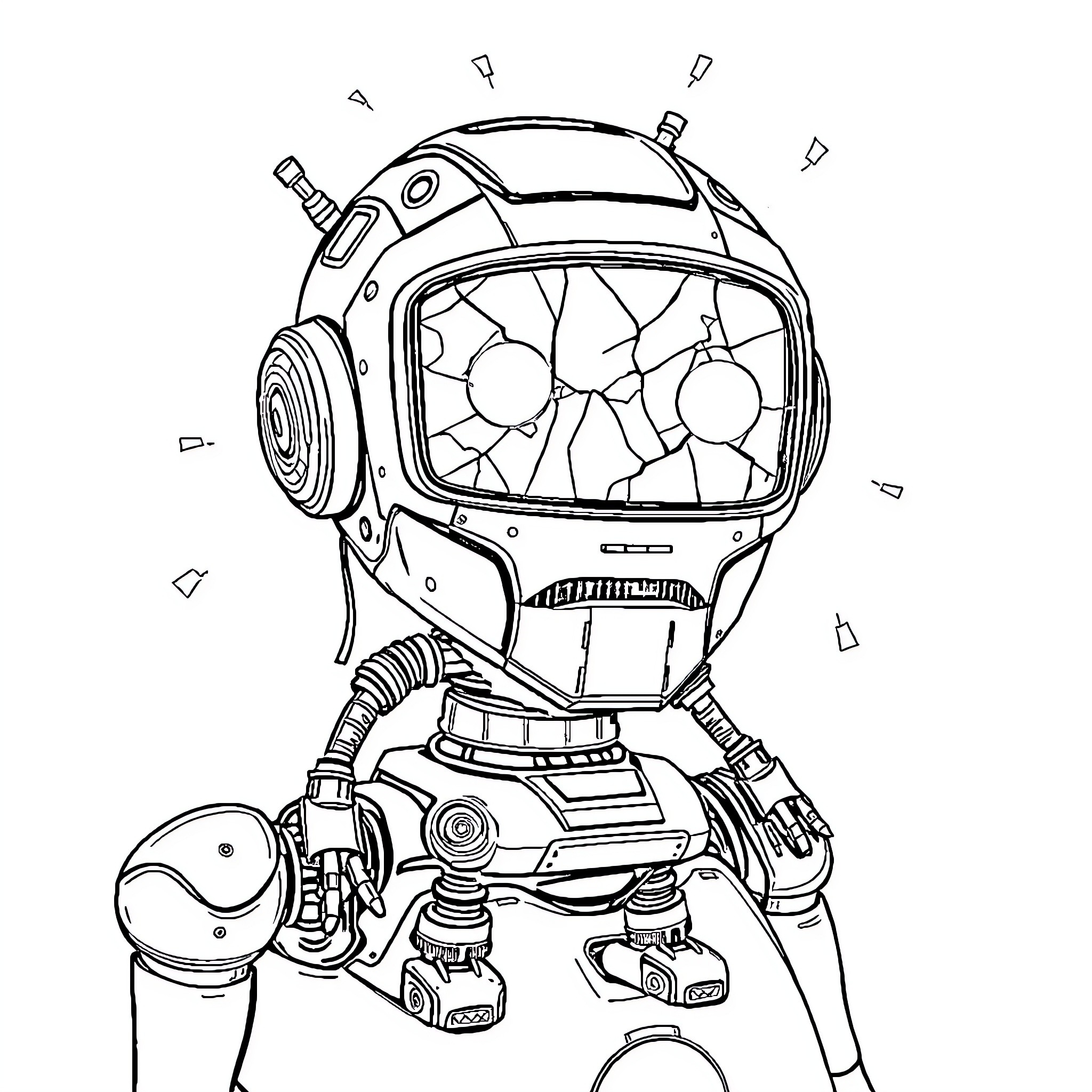 AI Bot Examining Broken Robot's Interior Coloring Page (free black-and-white line drawing printable PDF for all, from beginners to advanced learners, including children, teens, adults, and seniors)
