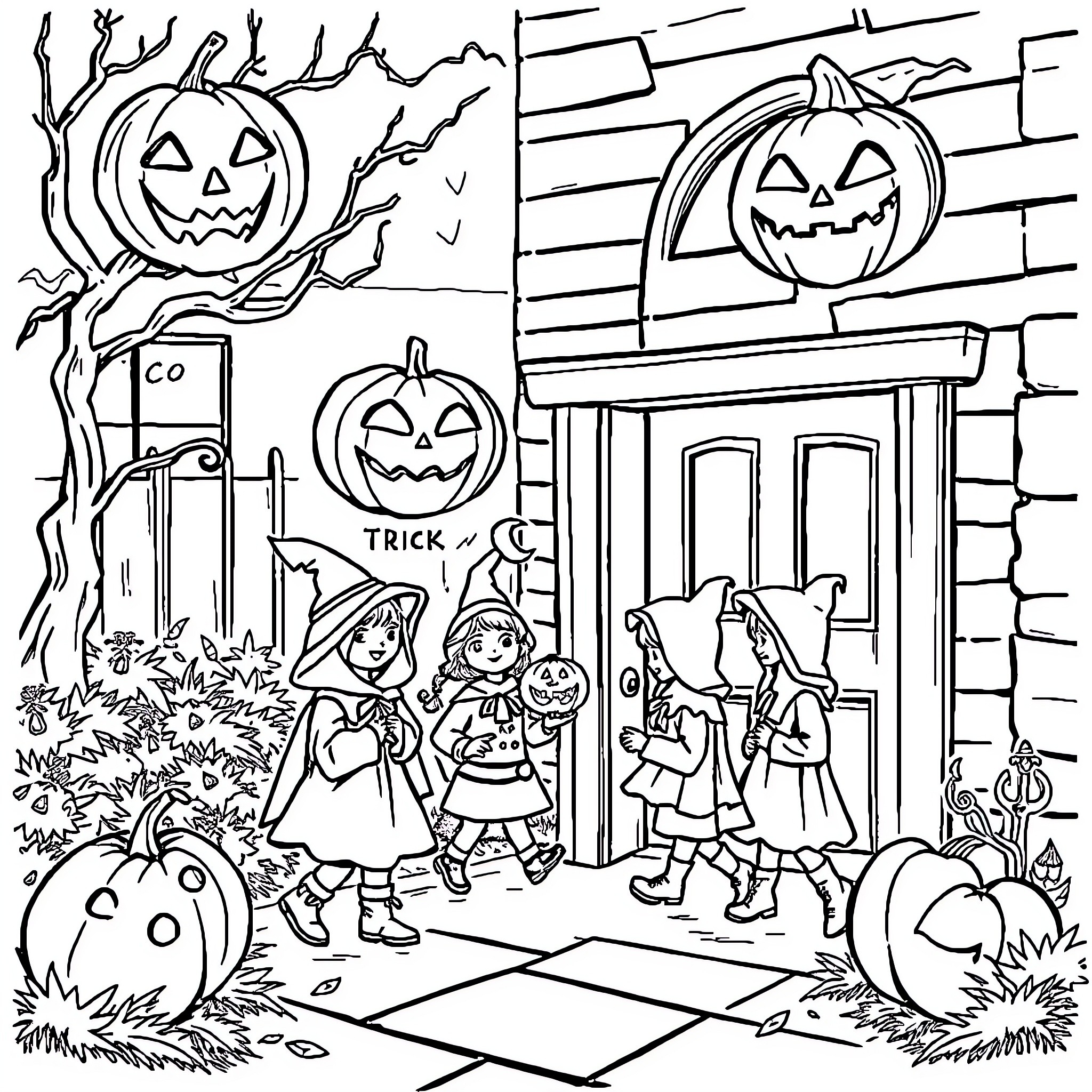 Halloween trick-or-treaters at a haunted house Coloring Page (free black-and-white line drawing printable PDF for all, from beginners to advanced learners, including children, teens, adults, and seniors)