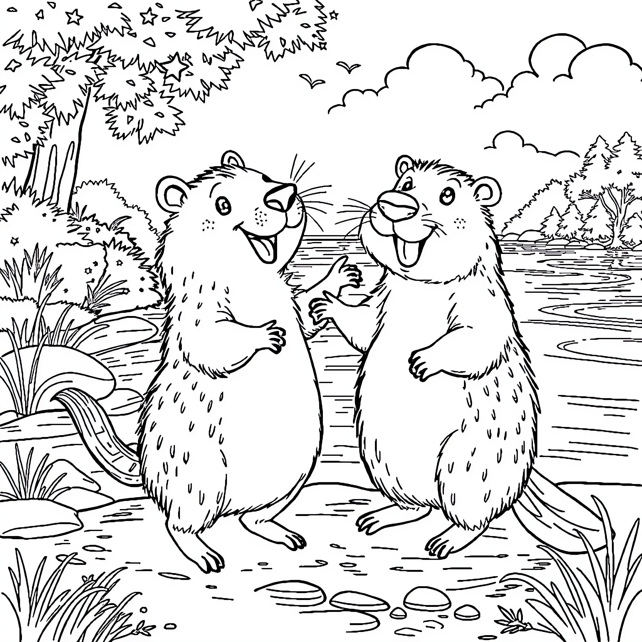 Capybara friends exploring the outdoors Coloring Page (free black-and-white line drawing printable PDF for all, from beginners to advanced learners, including children, teens, adults, and seniors)