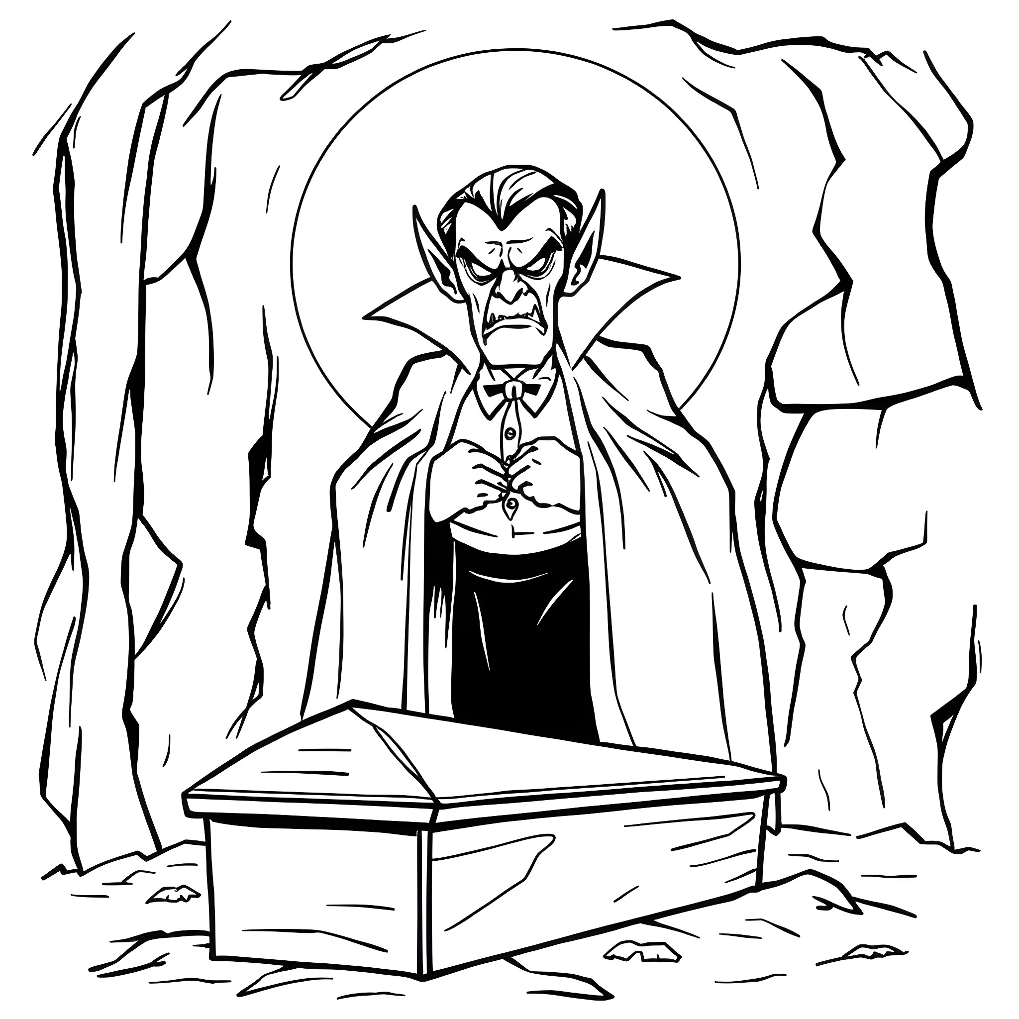 Dracula towering over an ancient coffin in a dark, gloomy setting Coloring Page (free black-and-white line drawing printable PDF for all, from beginners to advanced learners, including children, teens, adults, and seniors)